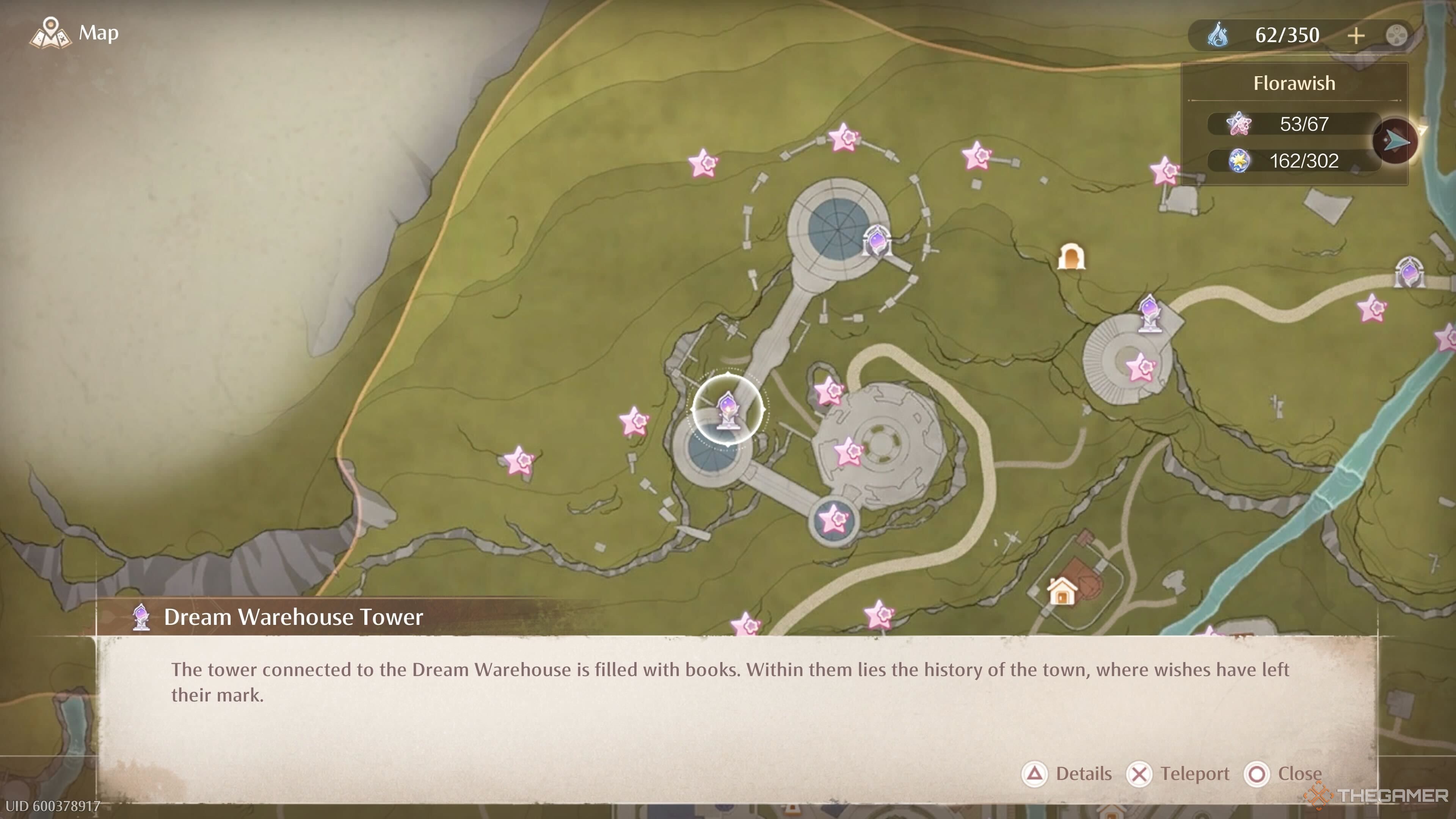 The map location of the Dream Warehouse Tower Warp Spire in Infinity Nikki.