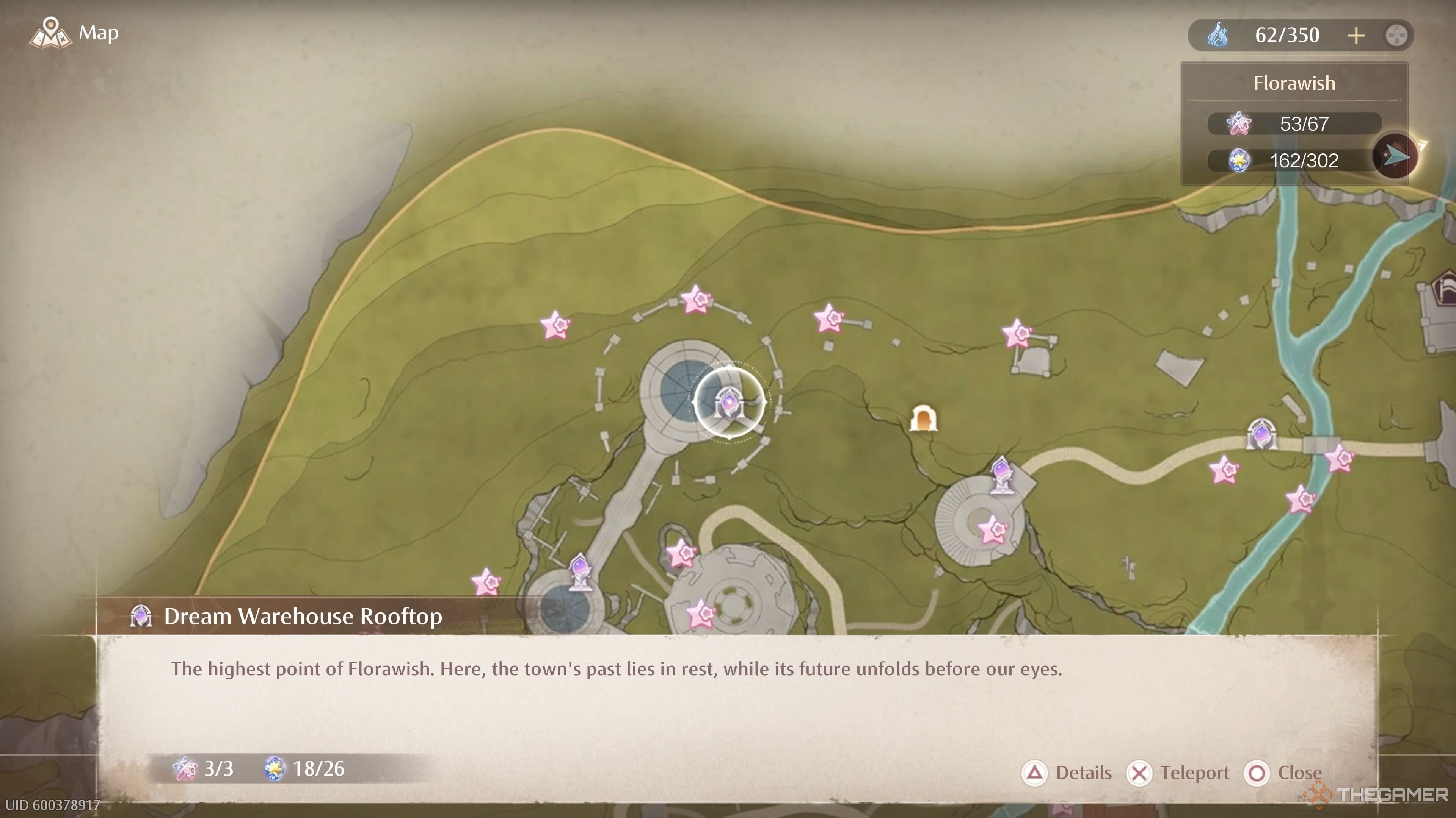 The map location of the Dream Warehouse Rooftop Warp Spire in Infinity Nikki.