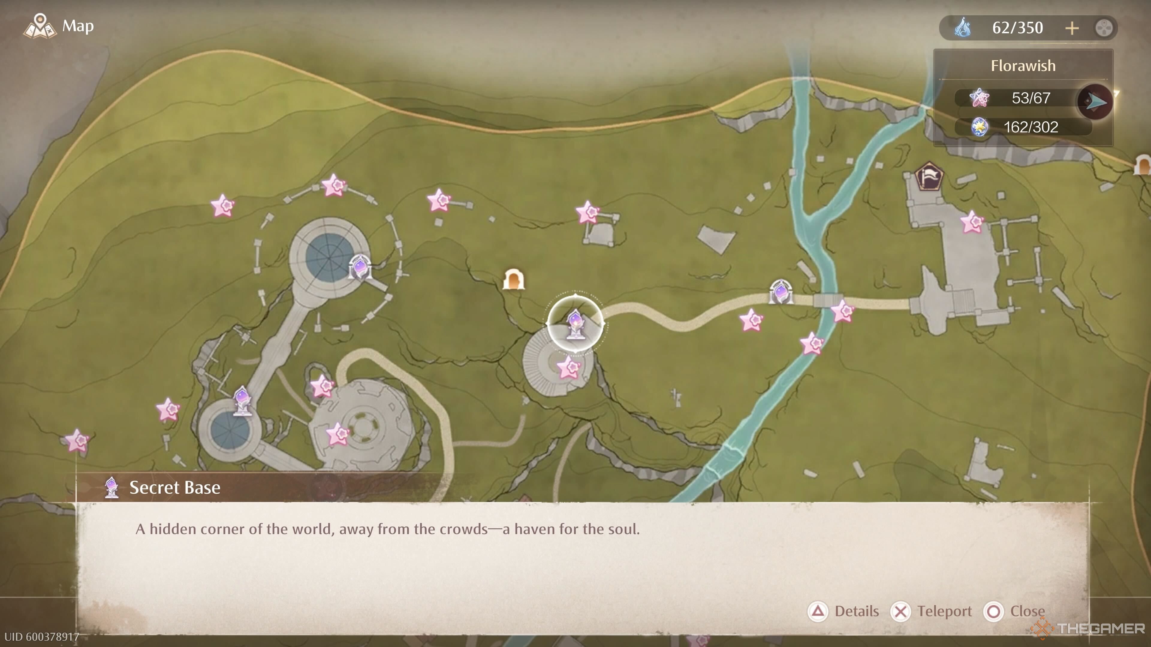 The map location of the Secret Base Warp Spire in Infinity Nikki.