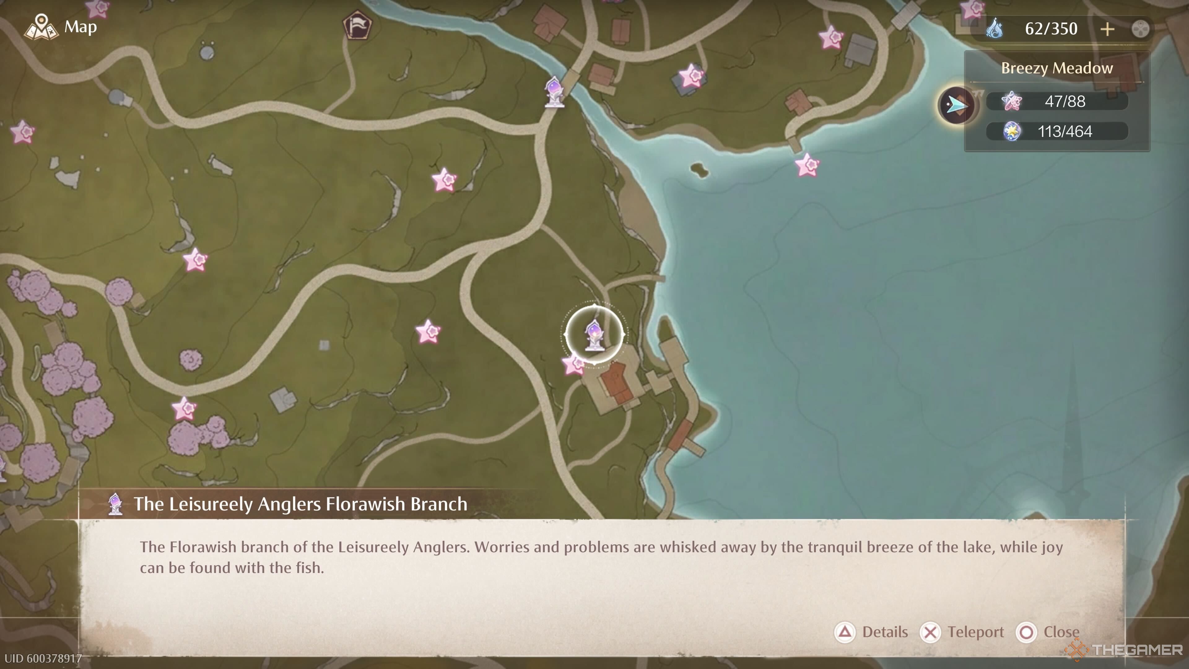 The map location of the Leisurely Anglers Florawish Branch Warp Spire in Infinity Nikki.