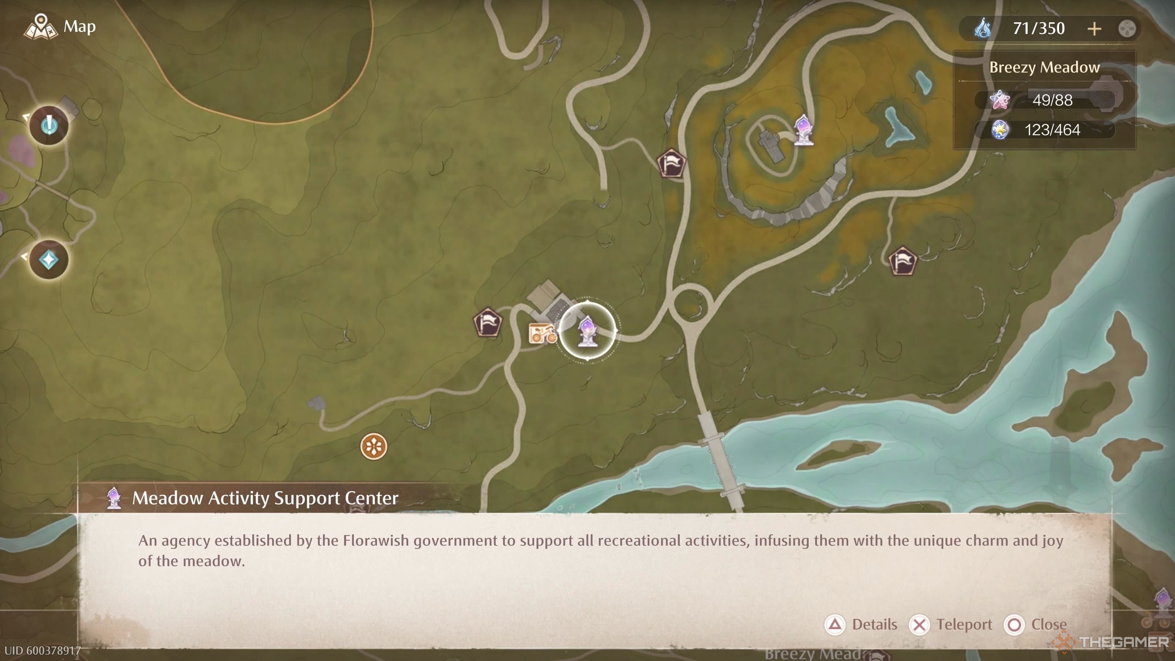 The map location of the Meadow Activity Center Warp Spire in Infinity Nikki.