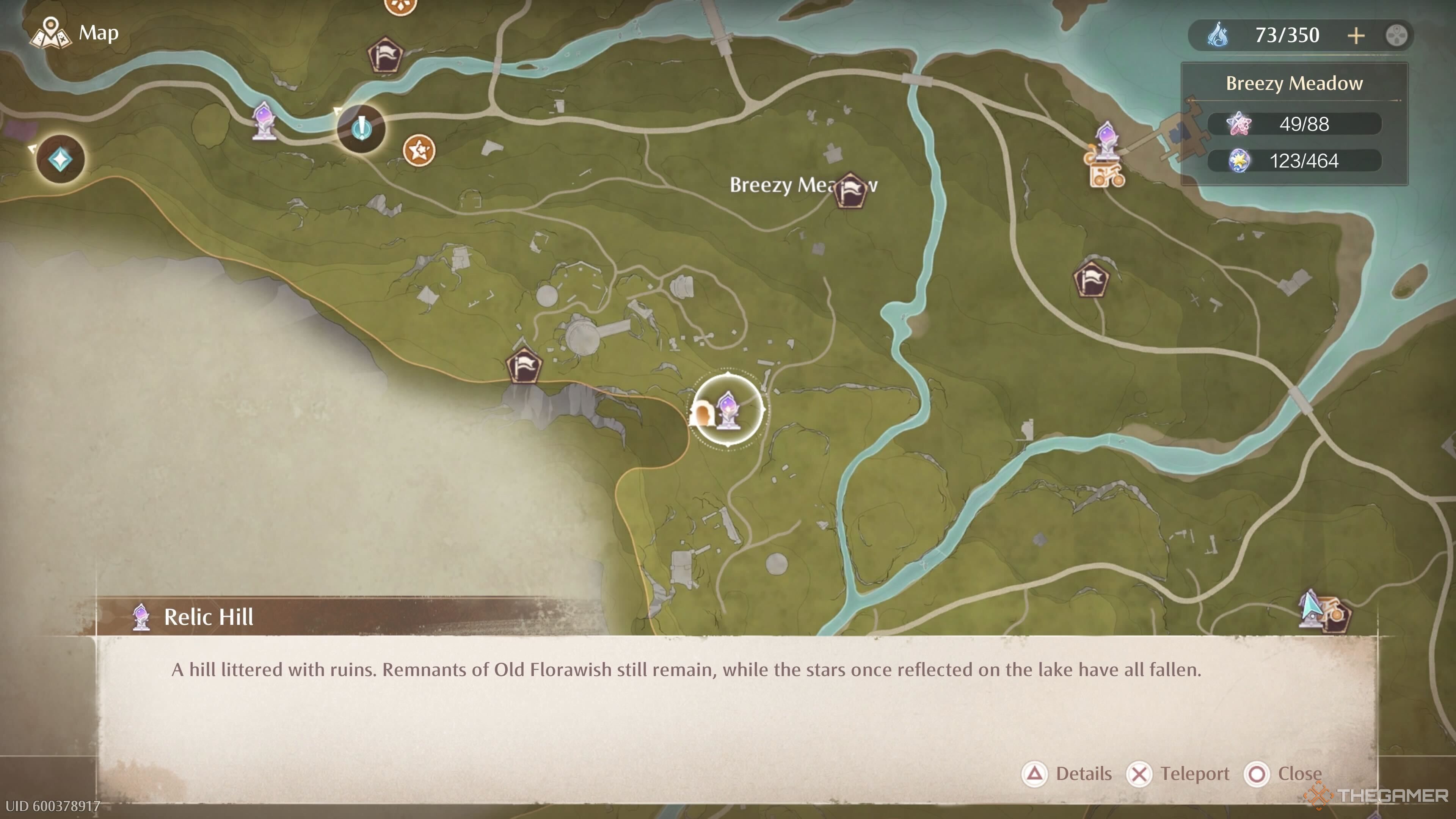 The map location of the Relic Hill Warp Spire in Infinity Nikki.-1