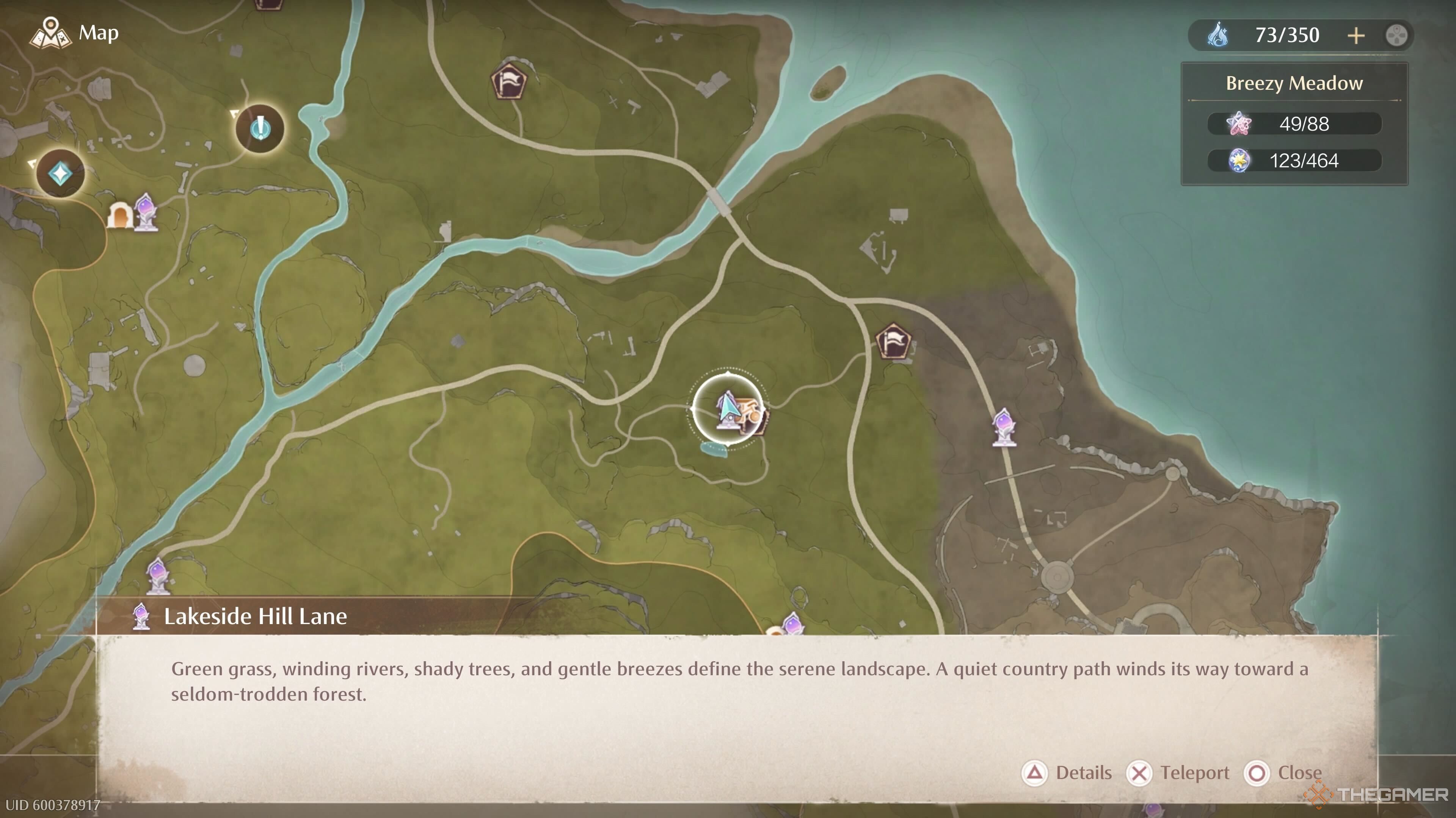 The map location of the Lakeside Hill Lane Warp Spire in Infinity Nikki.