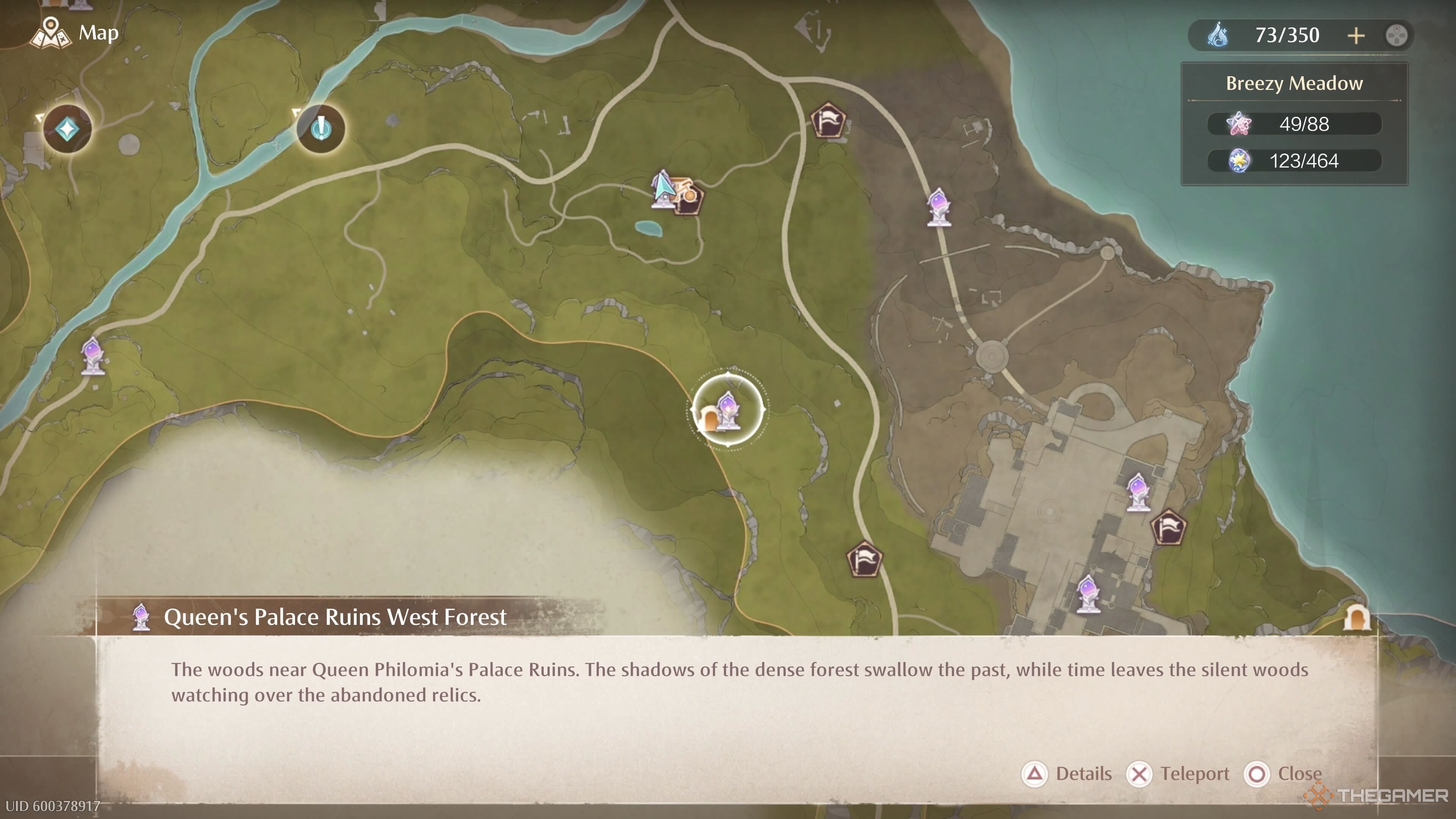 The map location of the Queen's Palace West Forest Warp Spire in Infinity Nikki.