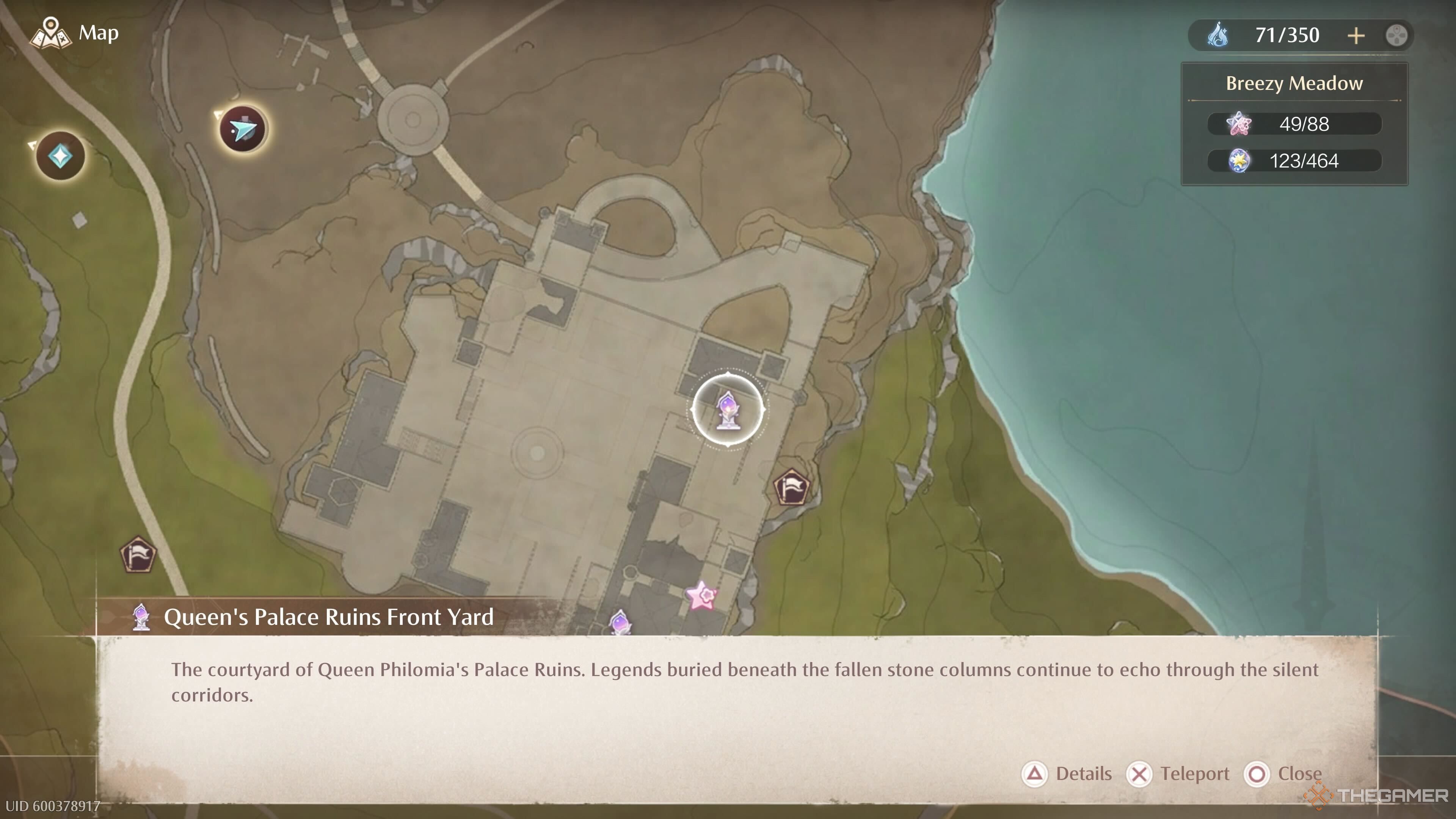 The map location of the Palace Ruins Front Yard Warp Spire in Infinity Nikki.