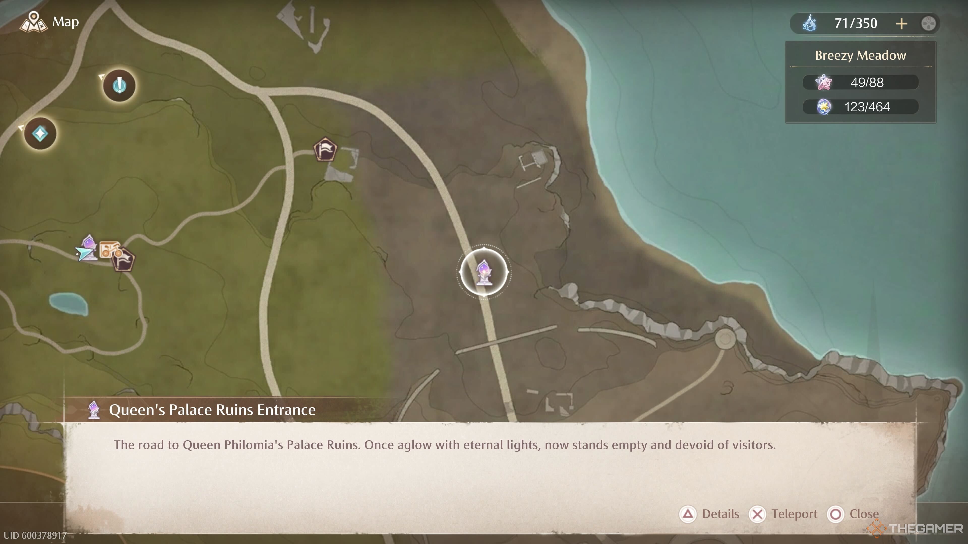 The map location of the Queen's Palace Ruins Entrance Warp Spire in Infinity Nikki.