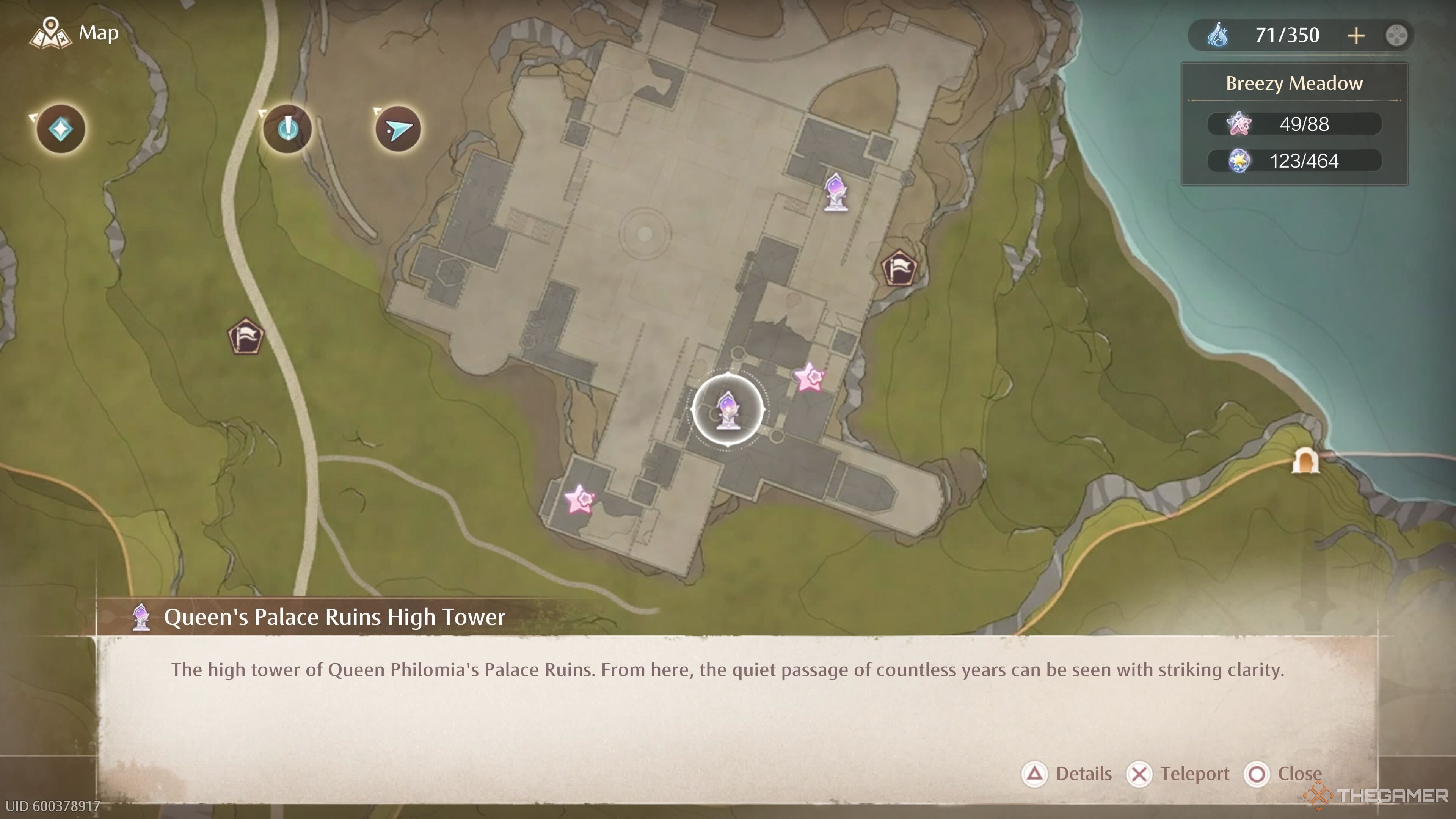 The map location of the Queen's Palace Ruins High Tower Warp Spire in Infinity Nikki.