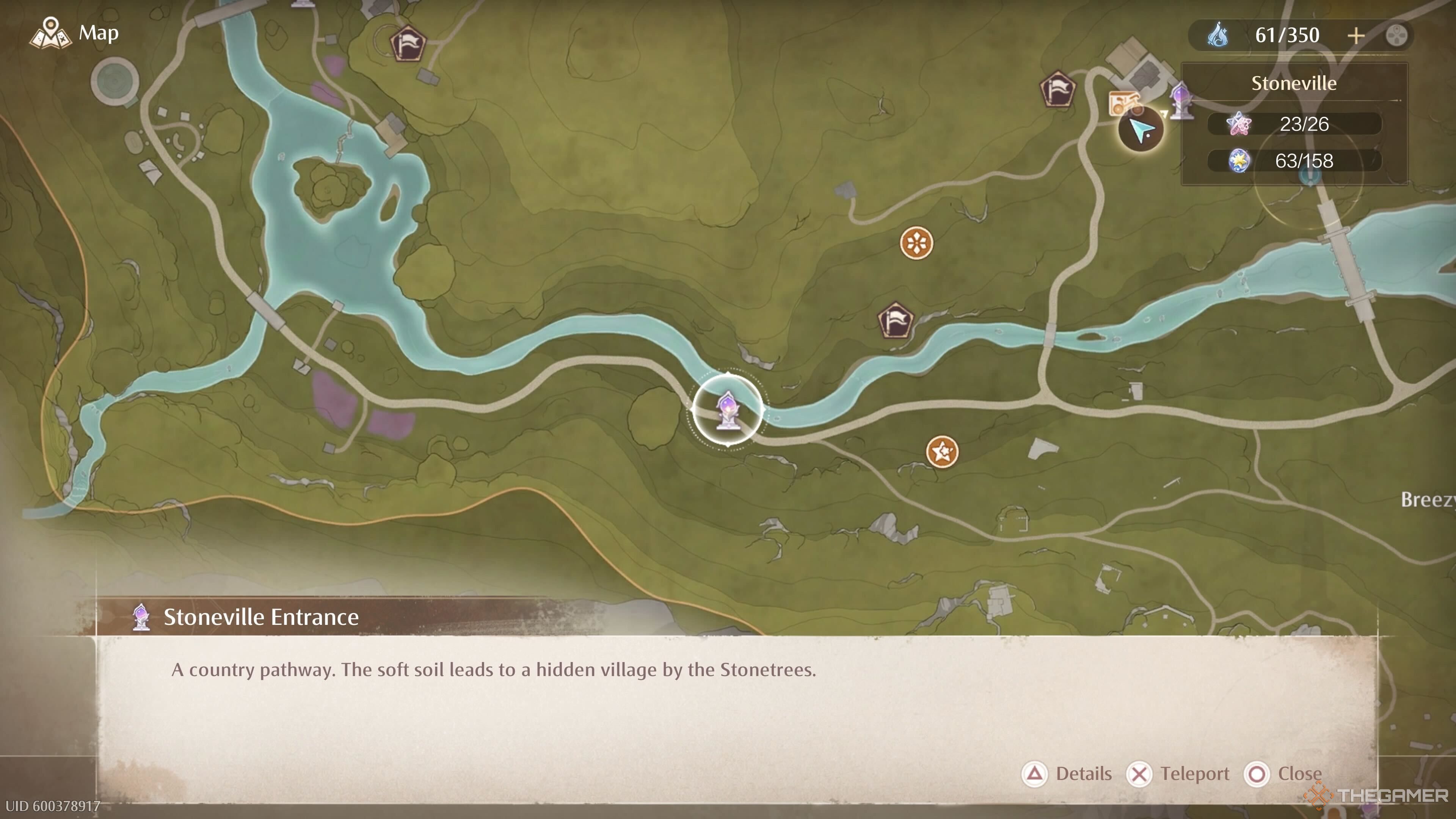 The map location of the Stoneville Entrance Warp Spire in Infinity Nikki.