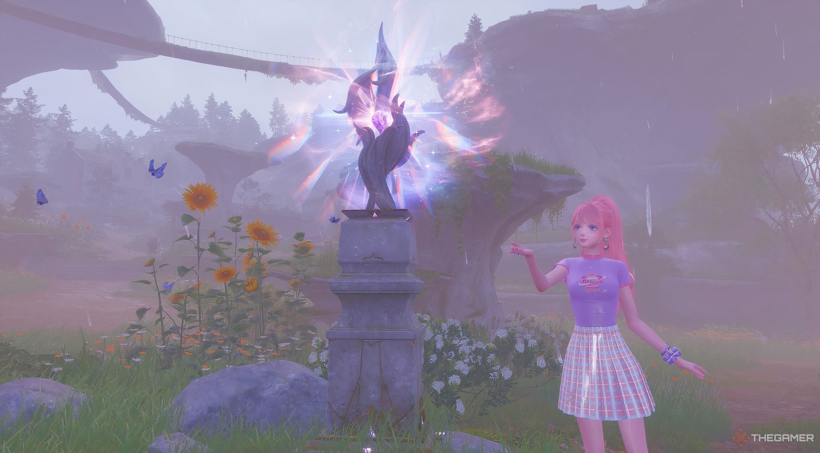 Nikki feeling the rain near a Warp Spire in Stoneville with flowers and butterflies nearby in Infinity Nikki.