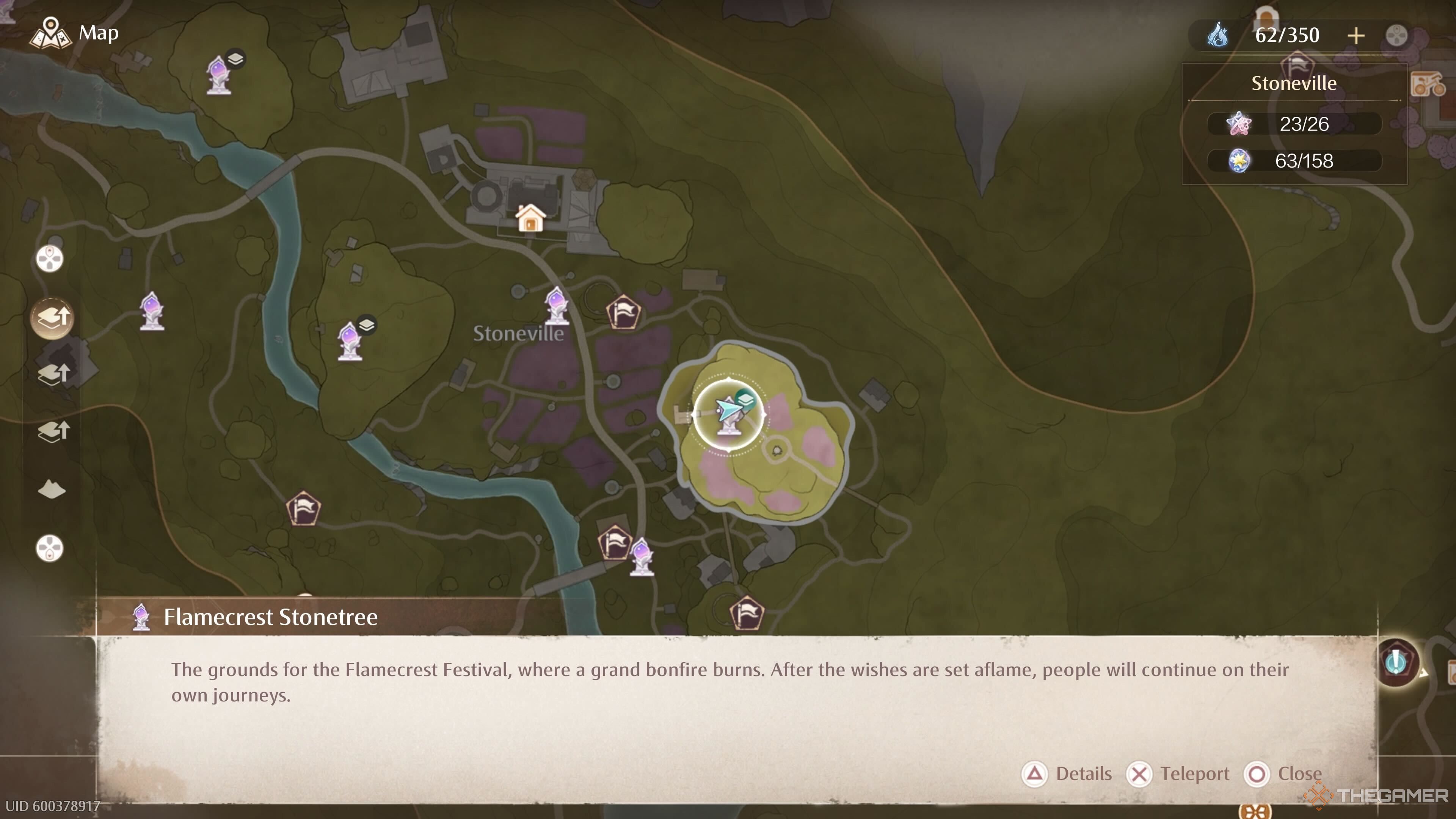 The map location of the Flame Crest Stonetree Warp Spire in Infinity Nikki.