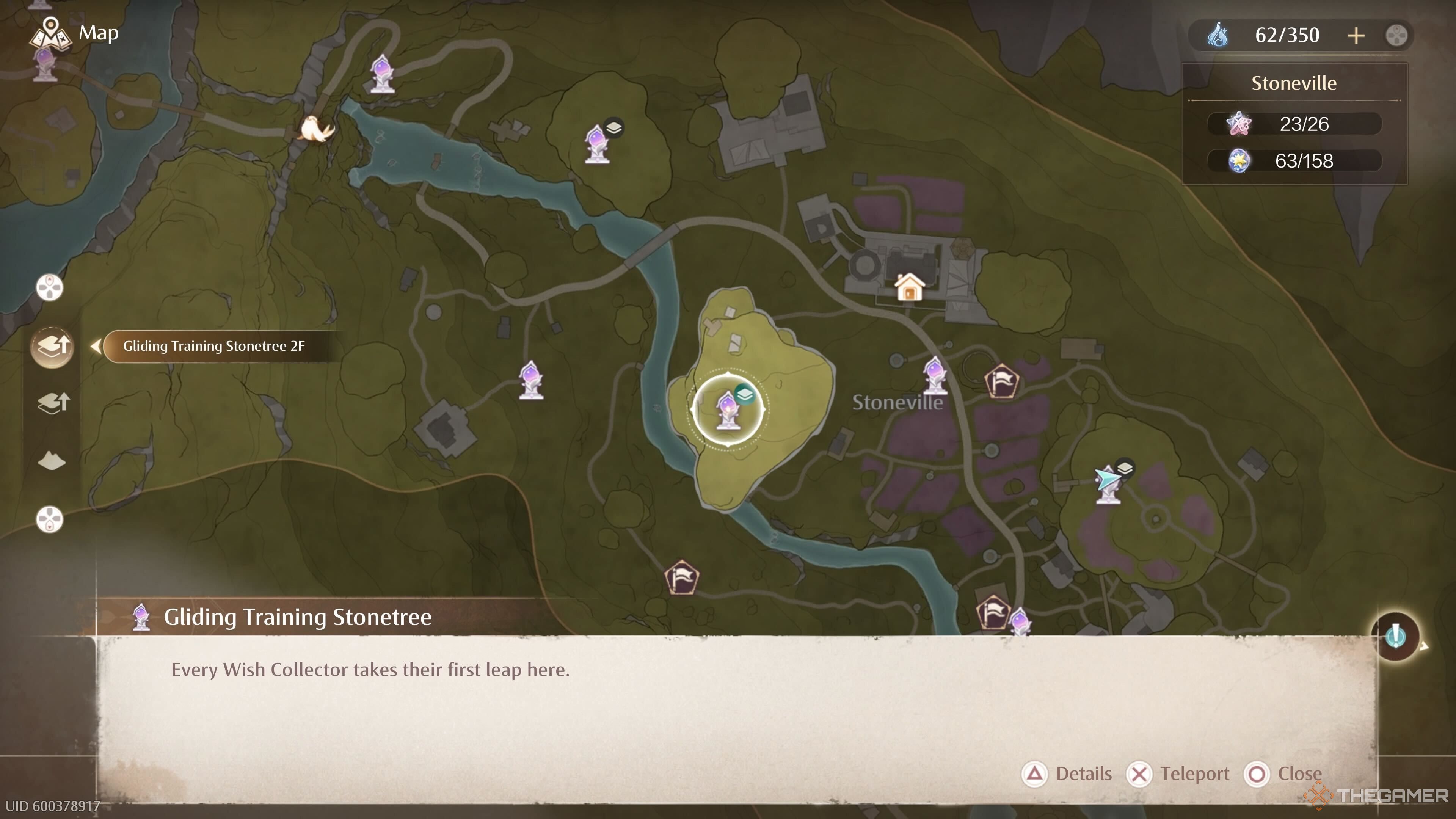 The map location of the Gliding Training Stonetree Warp Spire in Infinity Nikki.