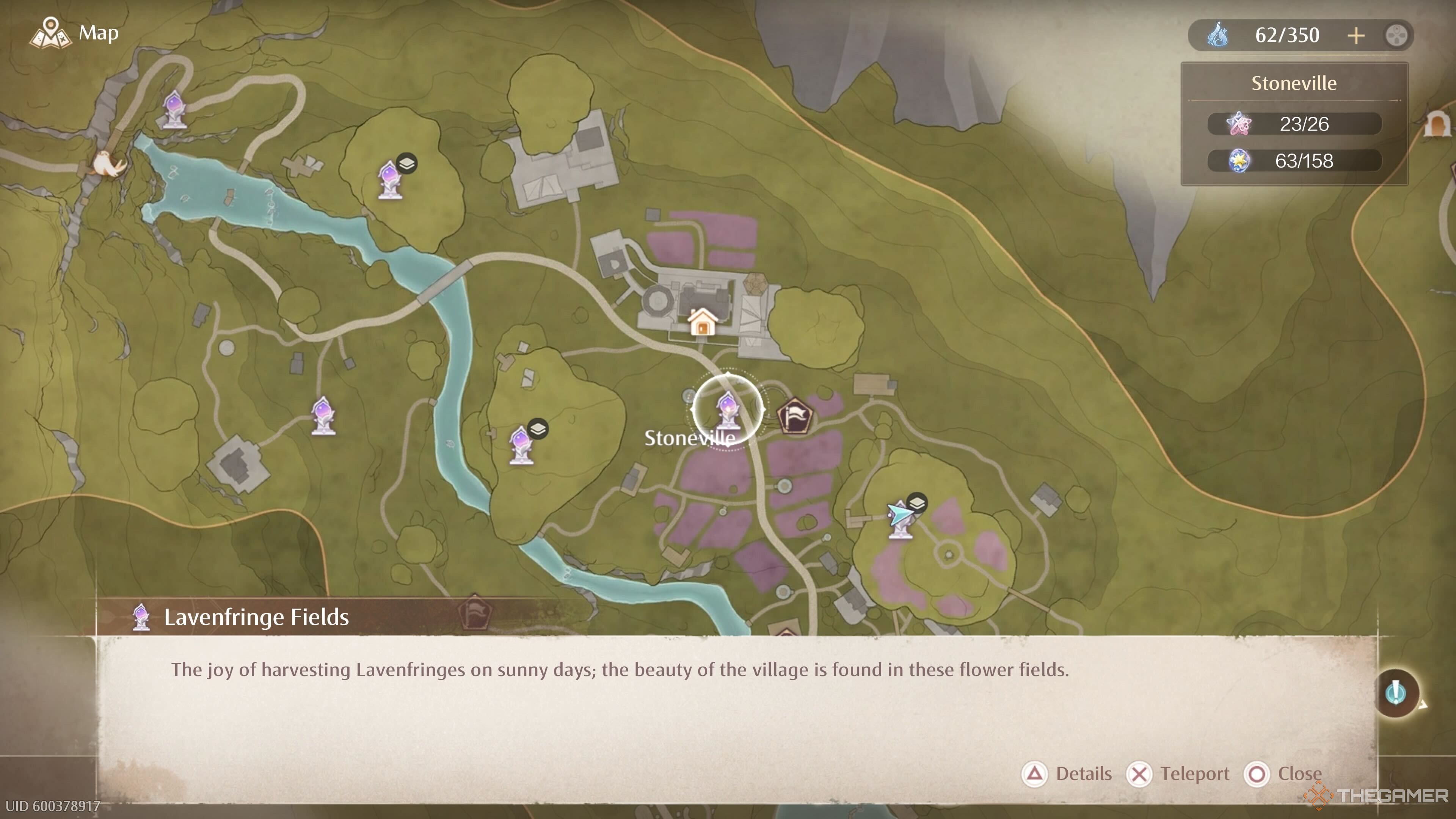 The map location of the Lavenfringe Fields Warp Spire in Infinity Nikki.