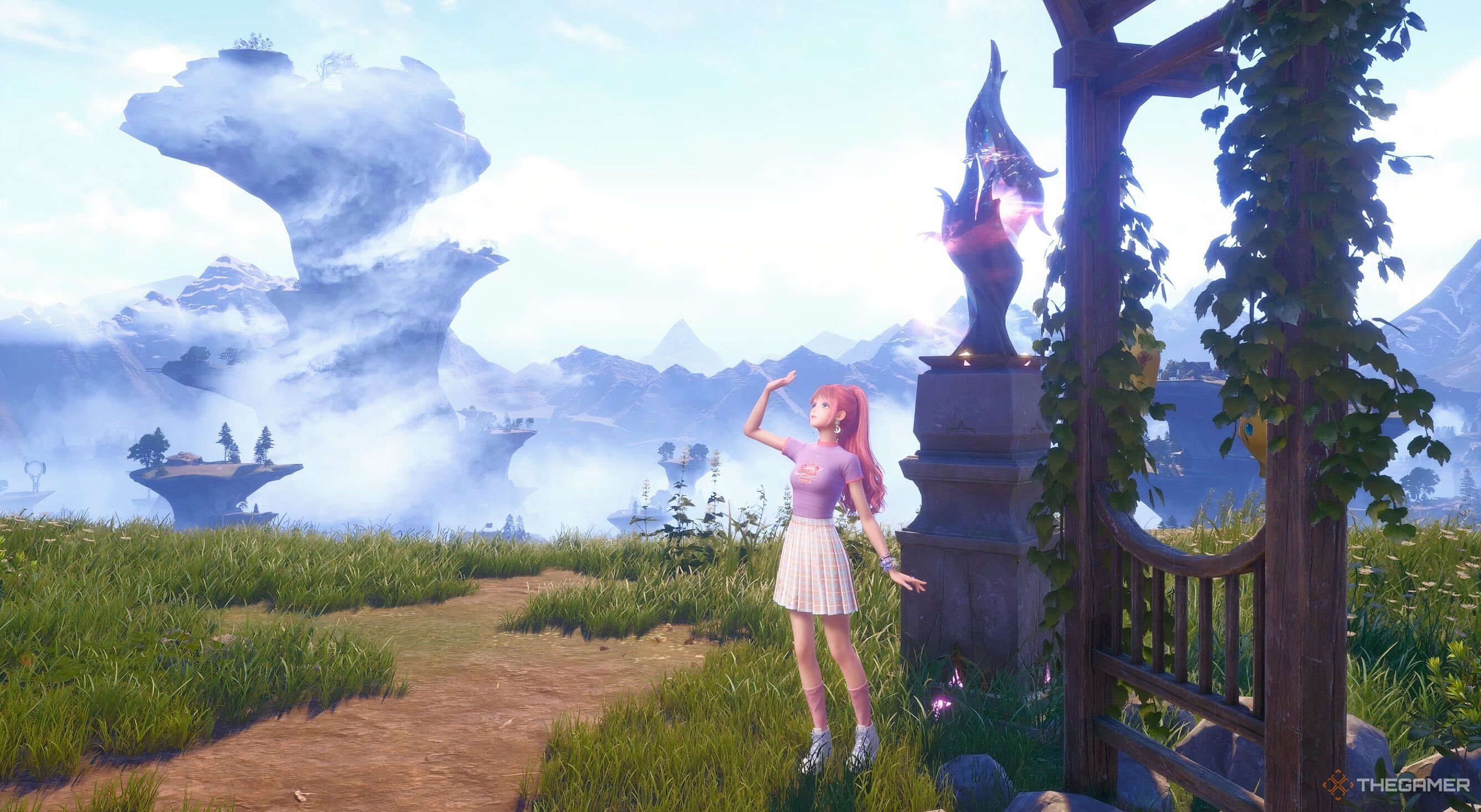 Nikki shielding her eyes from the sun near the Stonecrown Stonetree Warp Spire in Infinity Nikki.