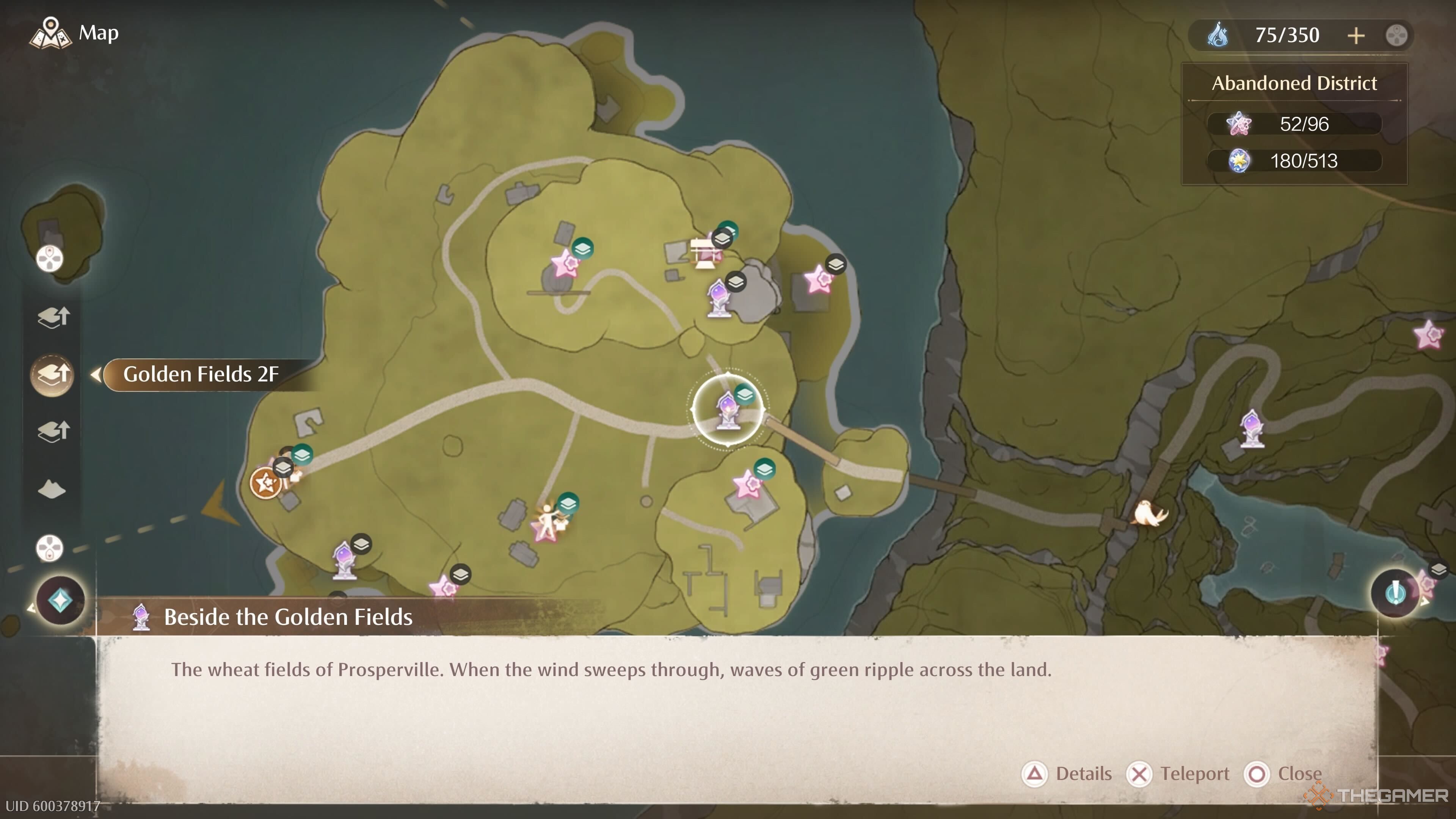 The map location of the Beside the Golden Field Warp Spire in Infinity Nikki.