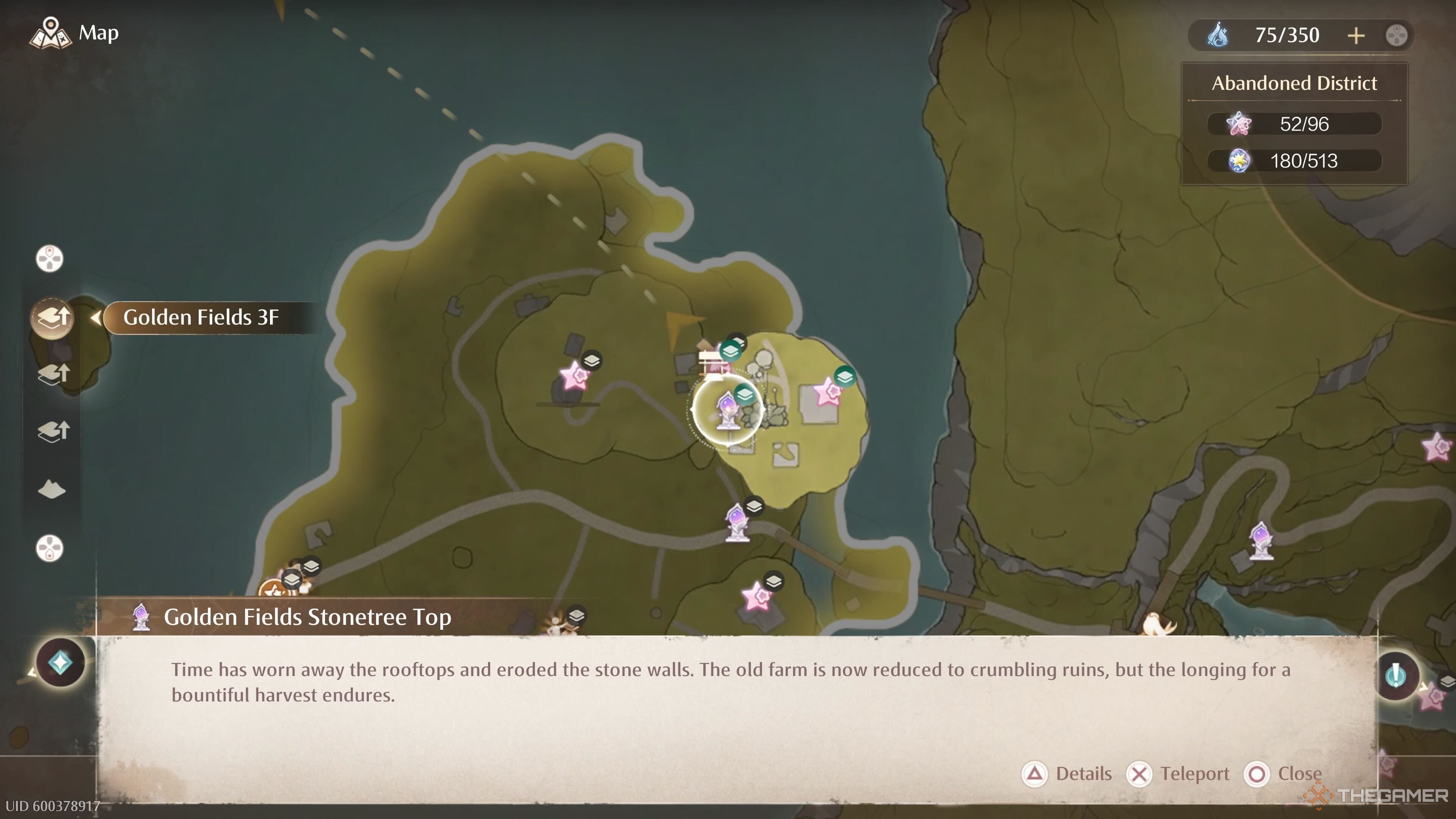 The map location of the Golden Fields Stonetree Top Warp Spire in Infinity Nikki.