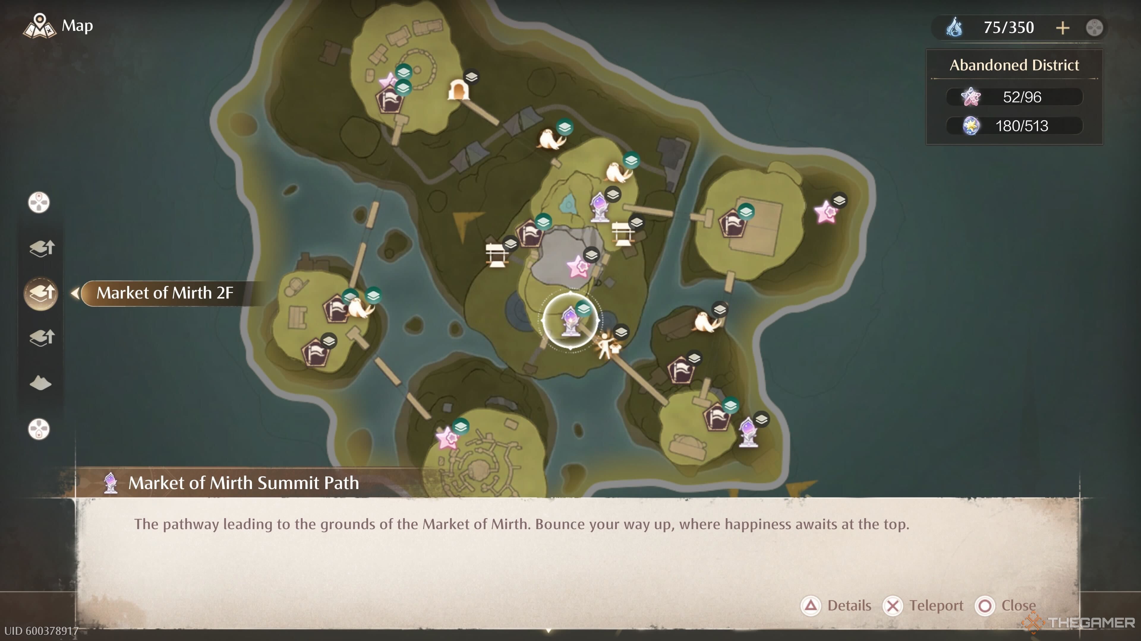 The map location of the Market of Mirth Summit Path Warp Spire in Infinity Nikki.