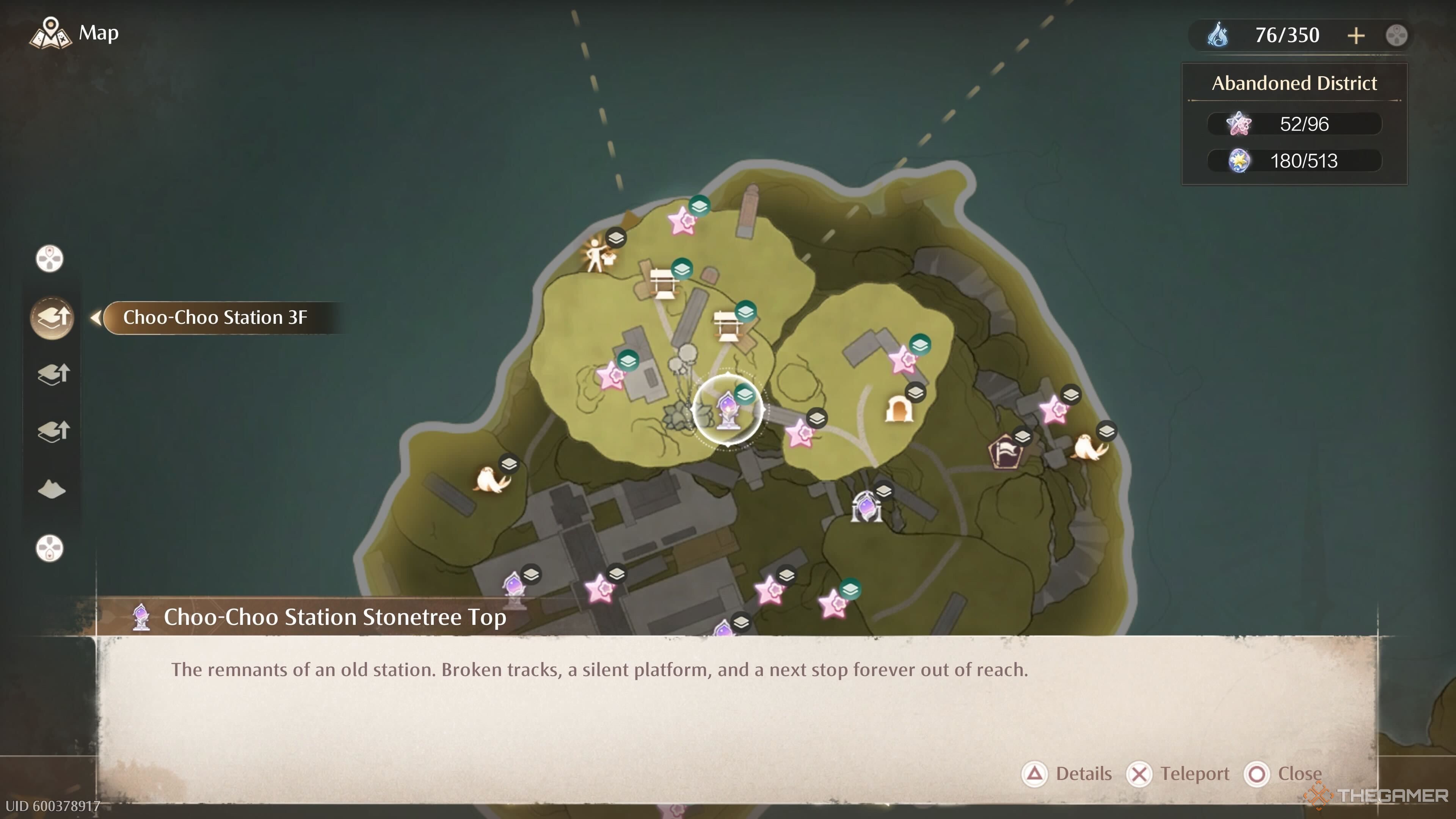 The map location of the Choo-Choo Station Stonetree Top Warp Spire in Infinity Nikki.