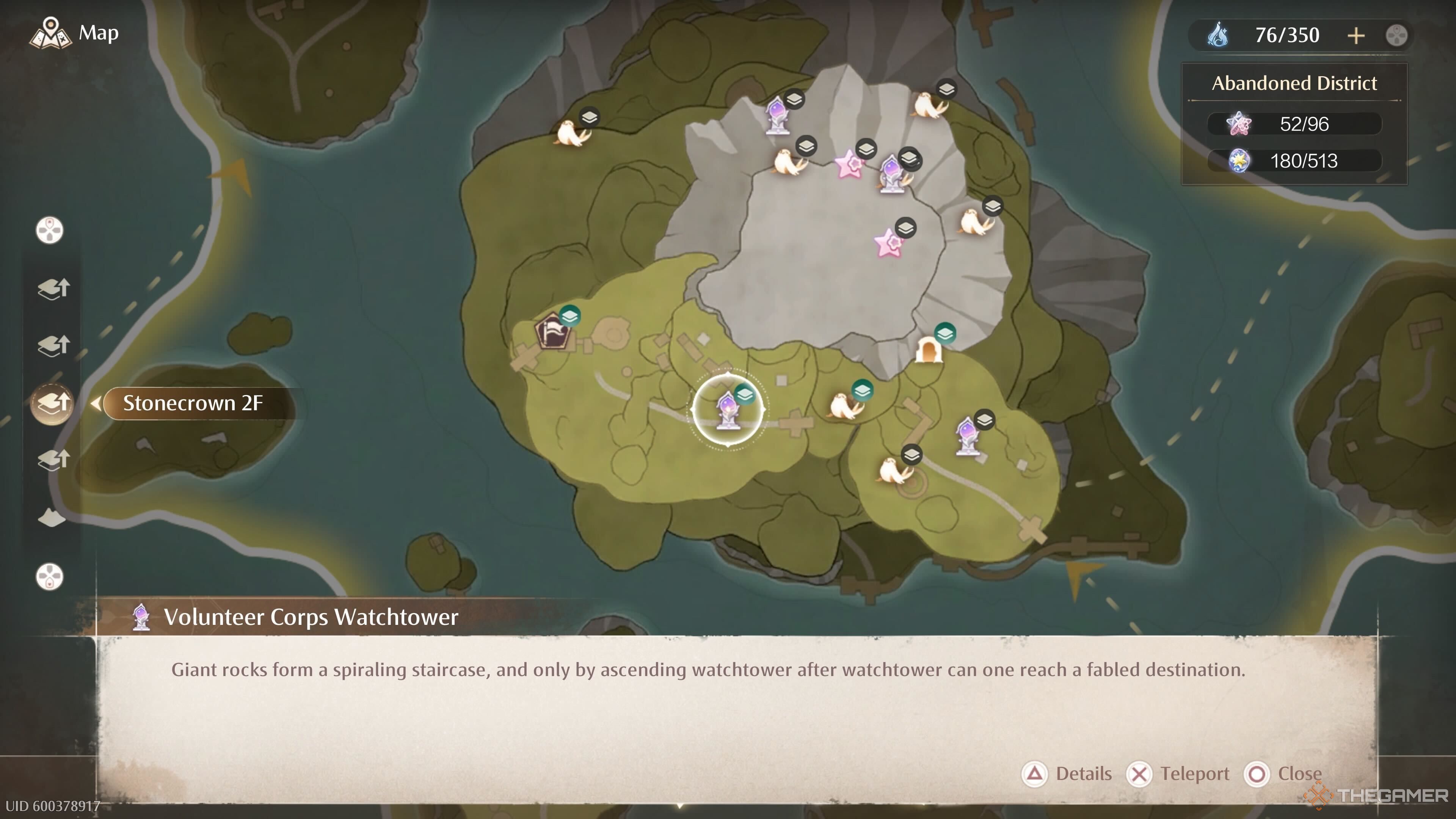 The map location of the Volunteer Corps Watchtower Warp Spire in Infinity Nikki.