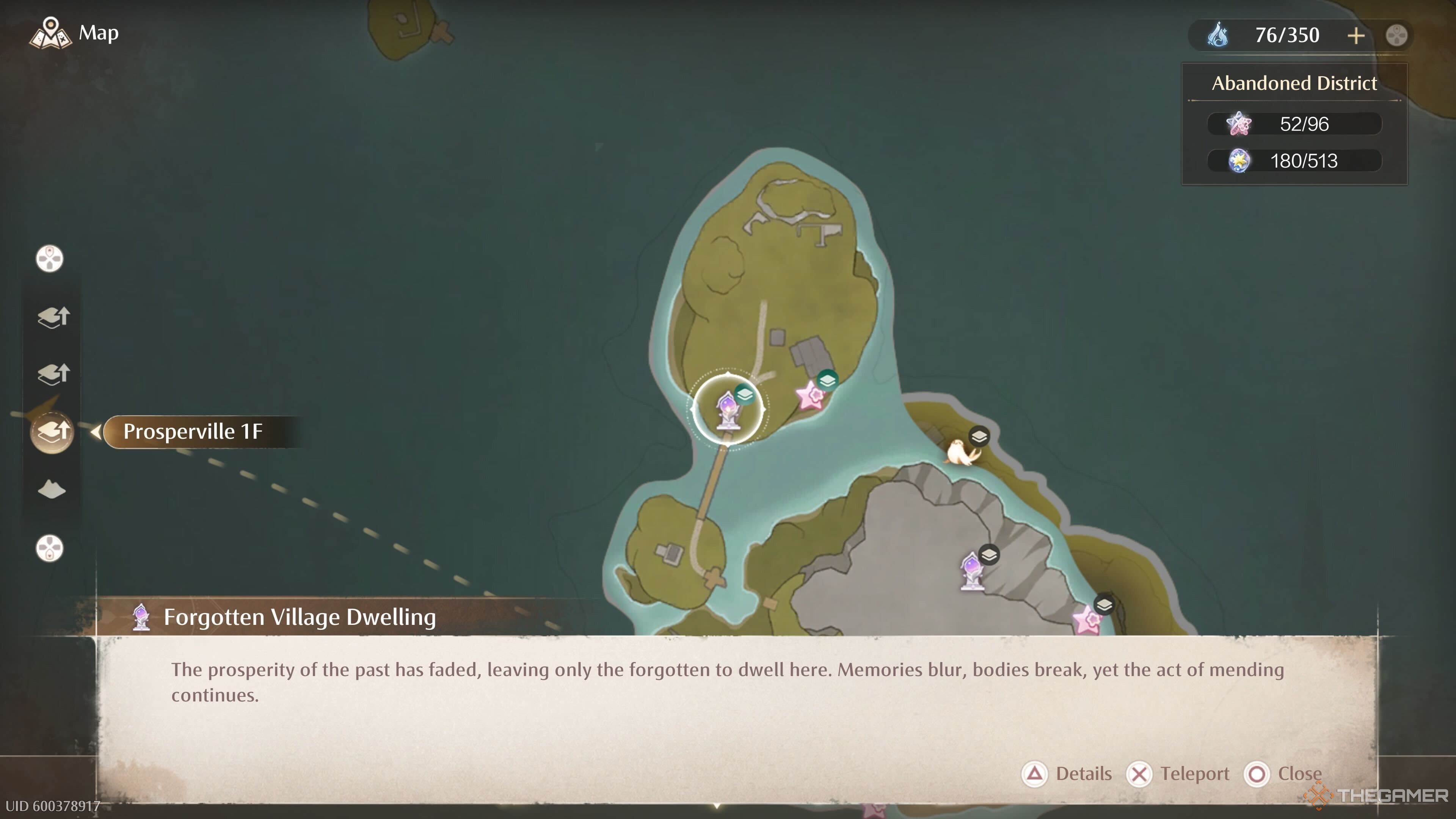 The map location of the Prosperville Village Dwelling Warp Spire in Infinity Nikki.