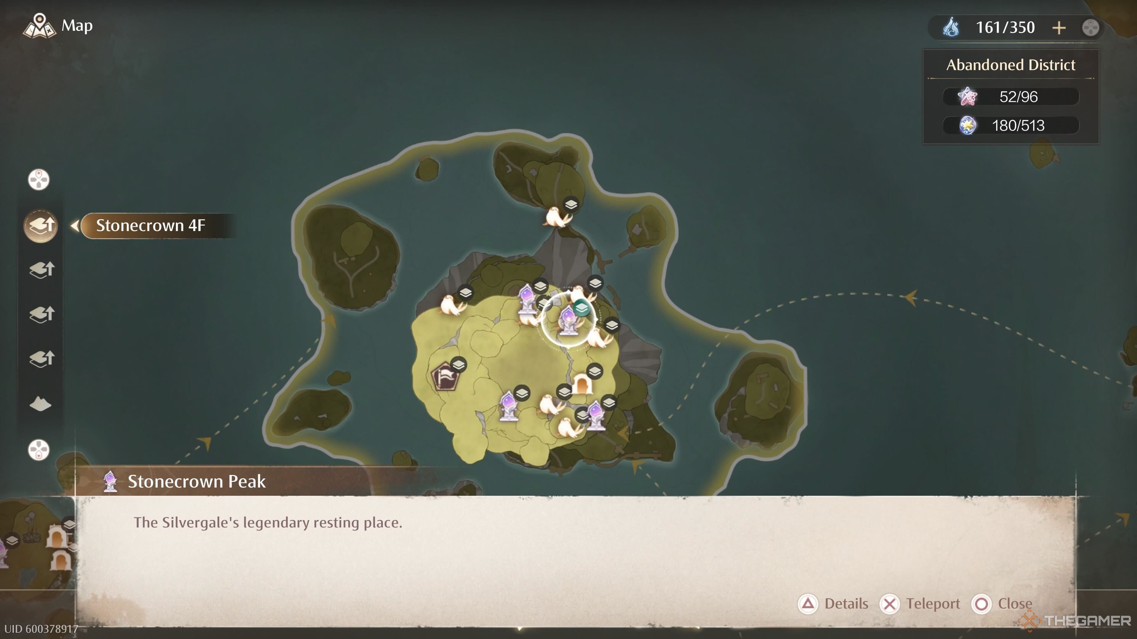 The map location of the Stonecrown Peak Warp Spire in Infinity Nikki.