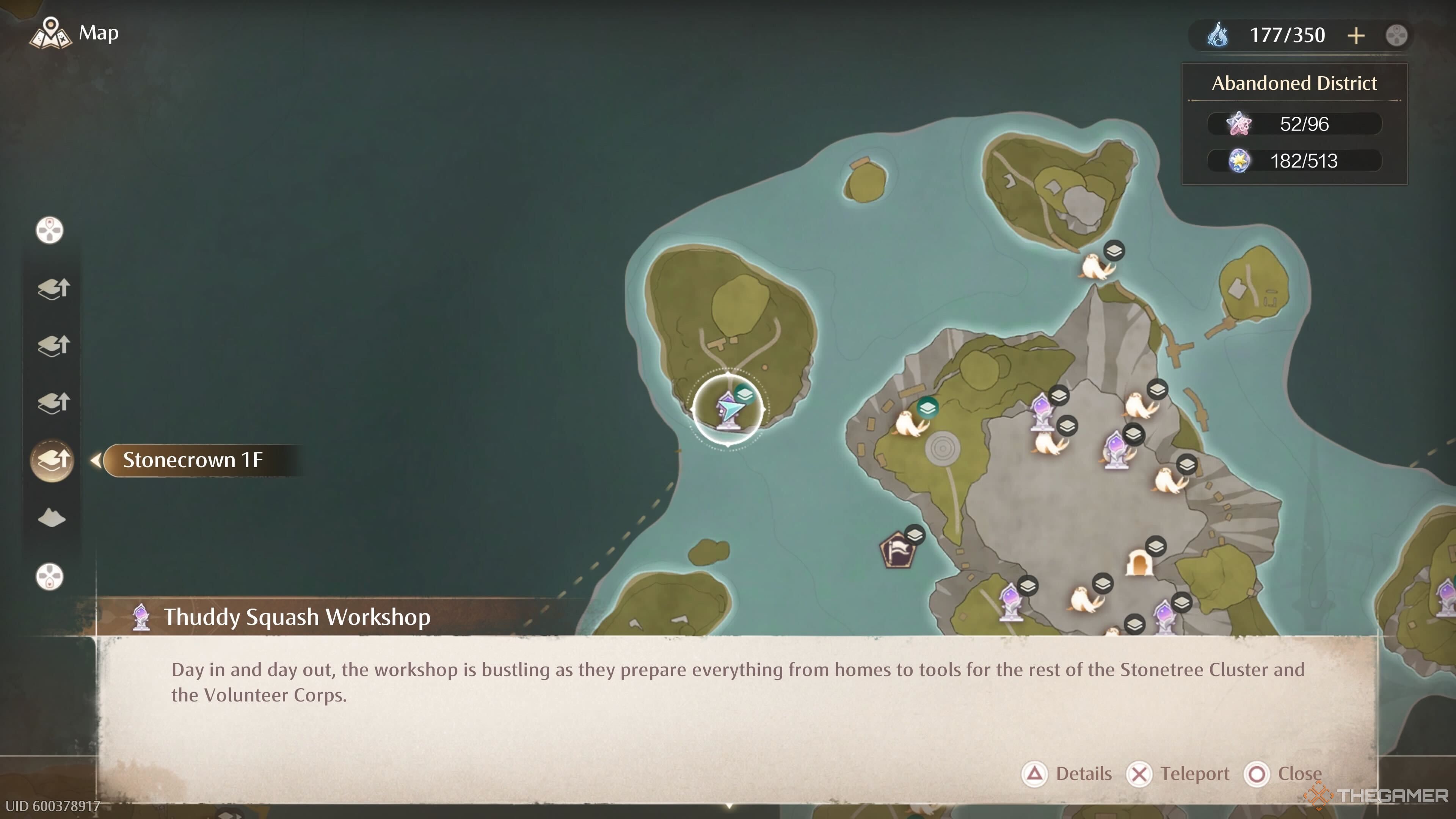 The map location of the Thuddy Squash Workshop Warp Spire in Infinity Nikki.