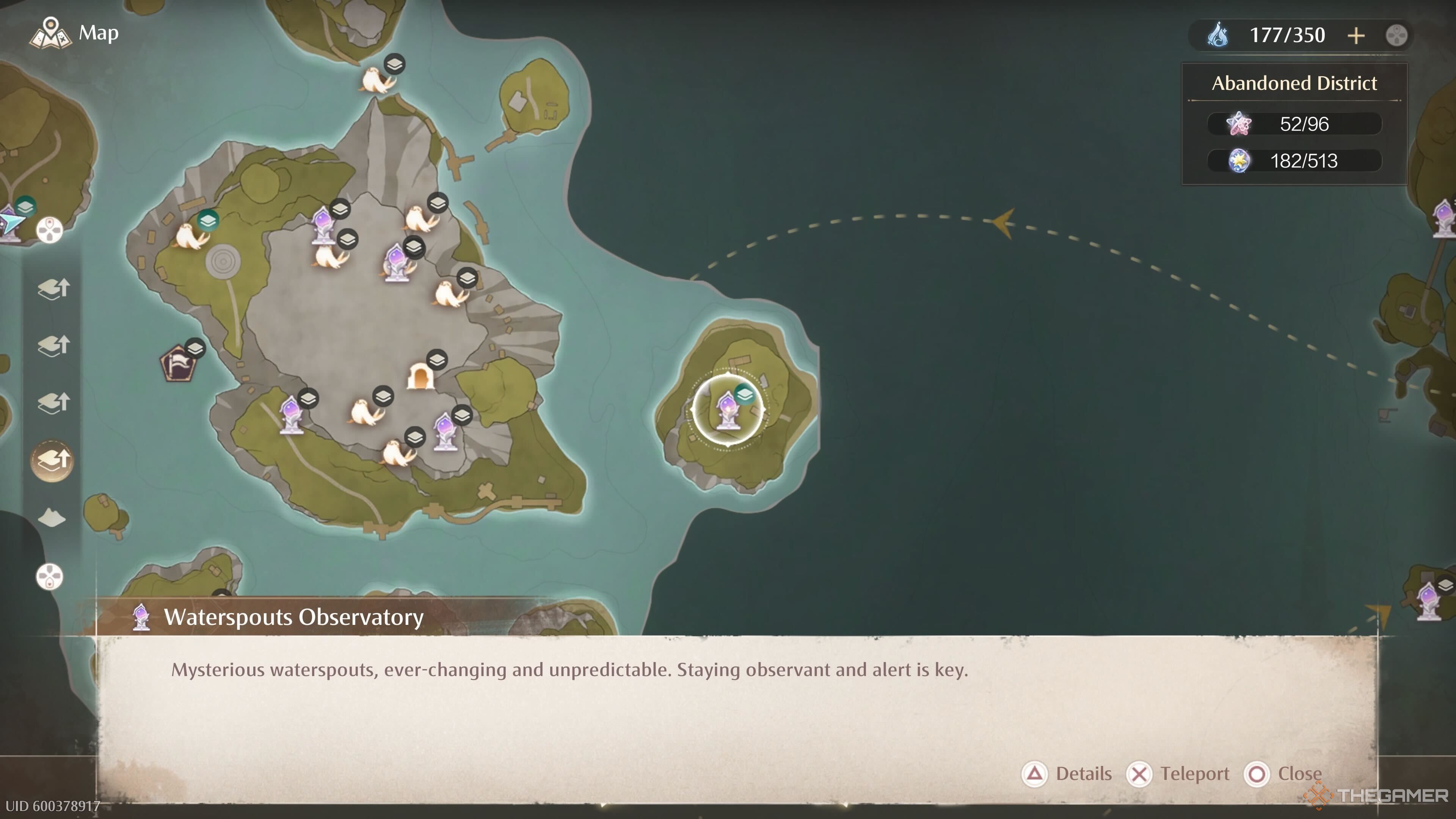 The map location of the Waterspouts Observatory Warp Spire in Infinity Nikki.