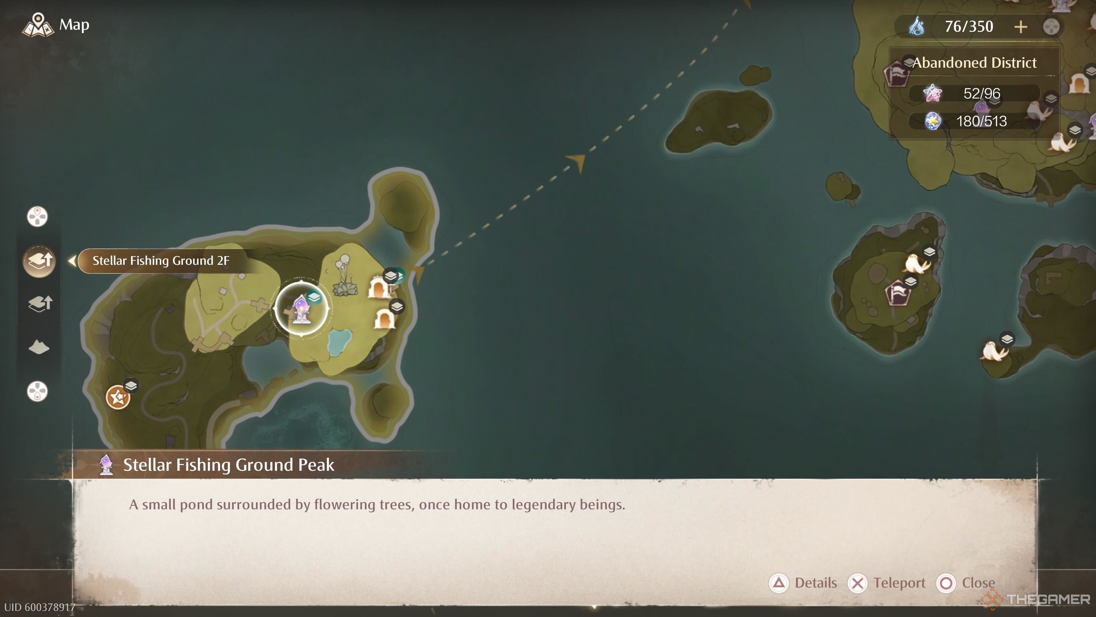 The map location of the Stellar Fishing Ground Peak Warp Spire in Infinity Nikki.