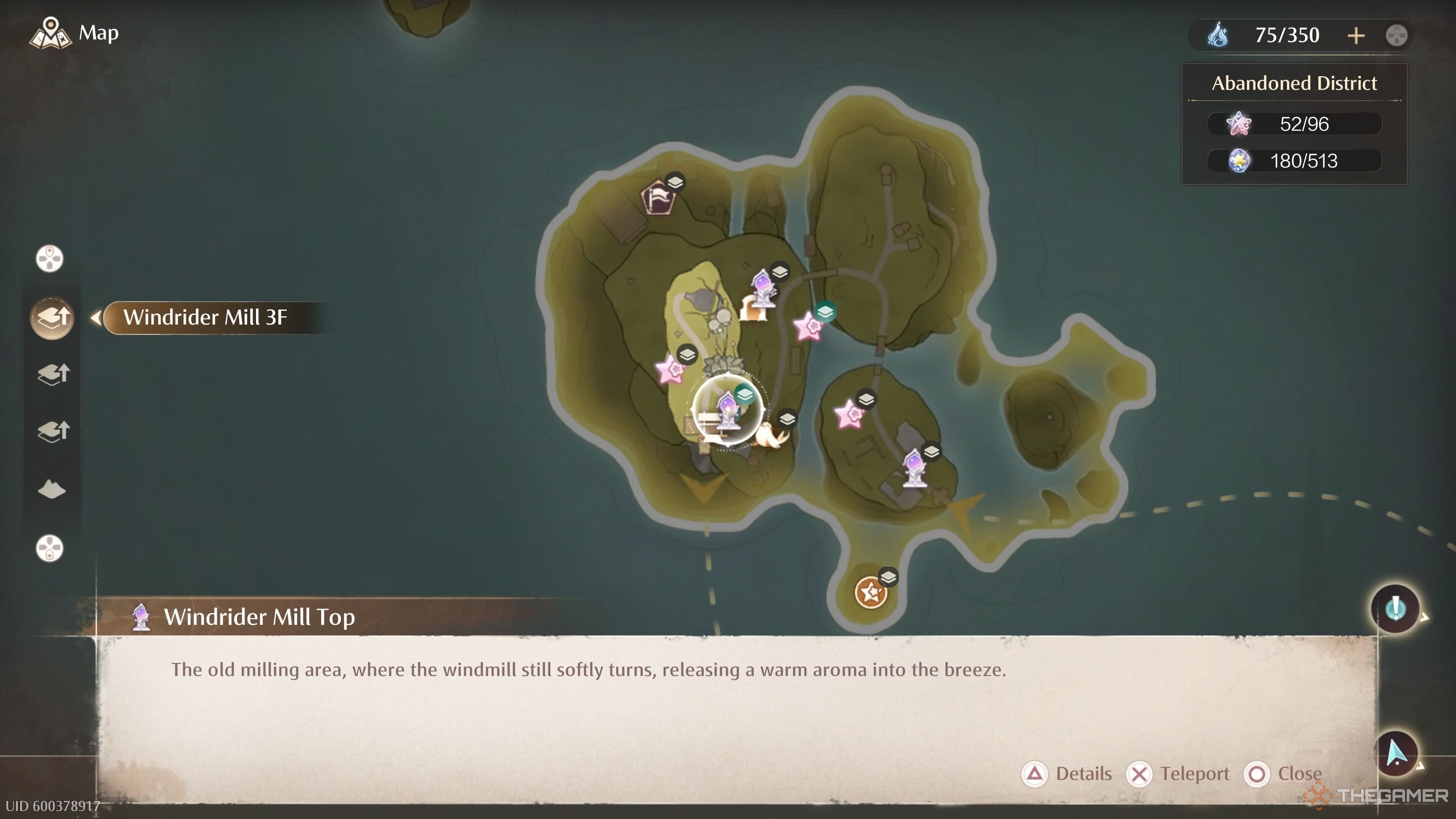 The map location of the Windrider Mill Top Warp Spire in Infinity Nikki.