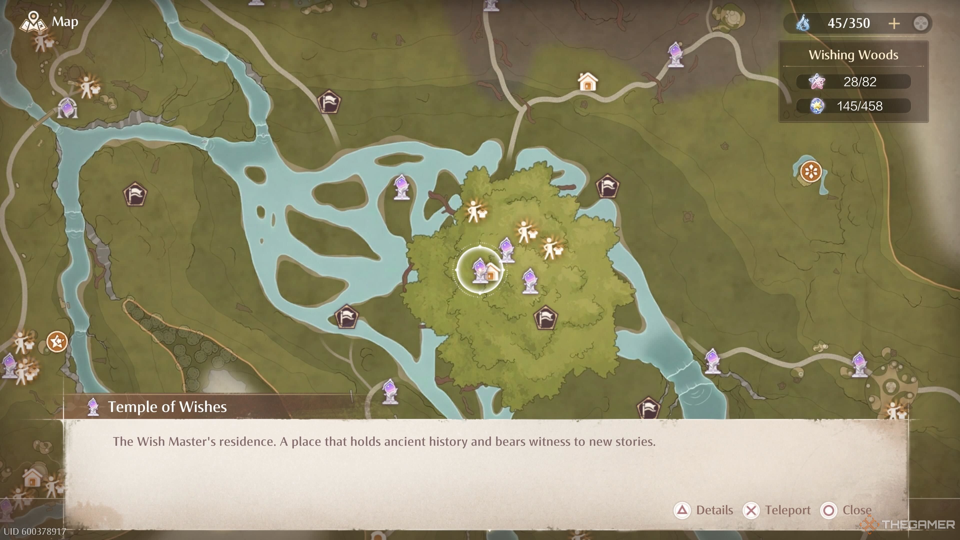 The map location of the Temple of Wishes Warp Spire in Infinity Nikki.