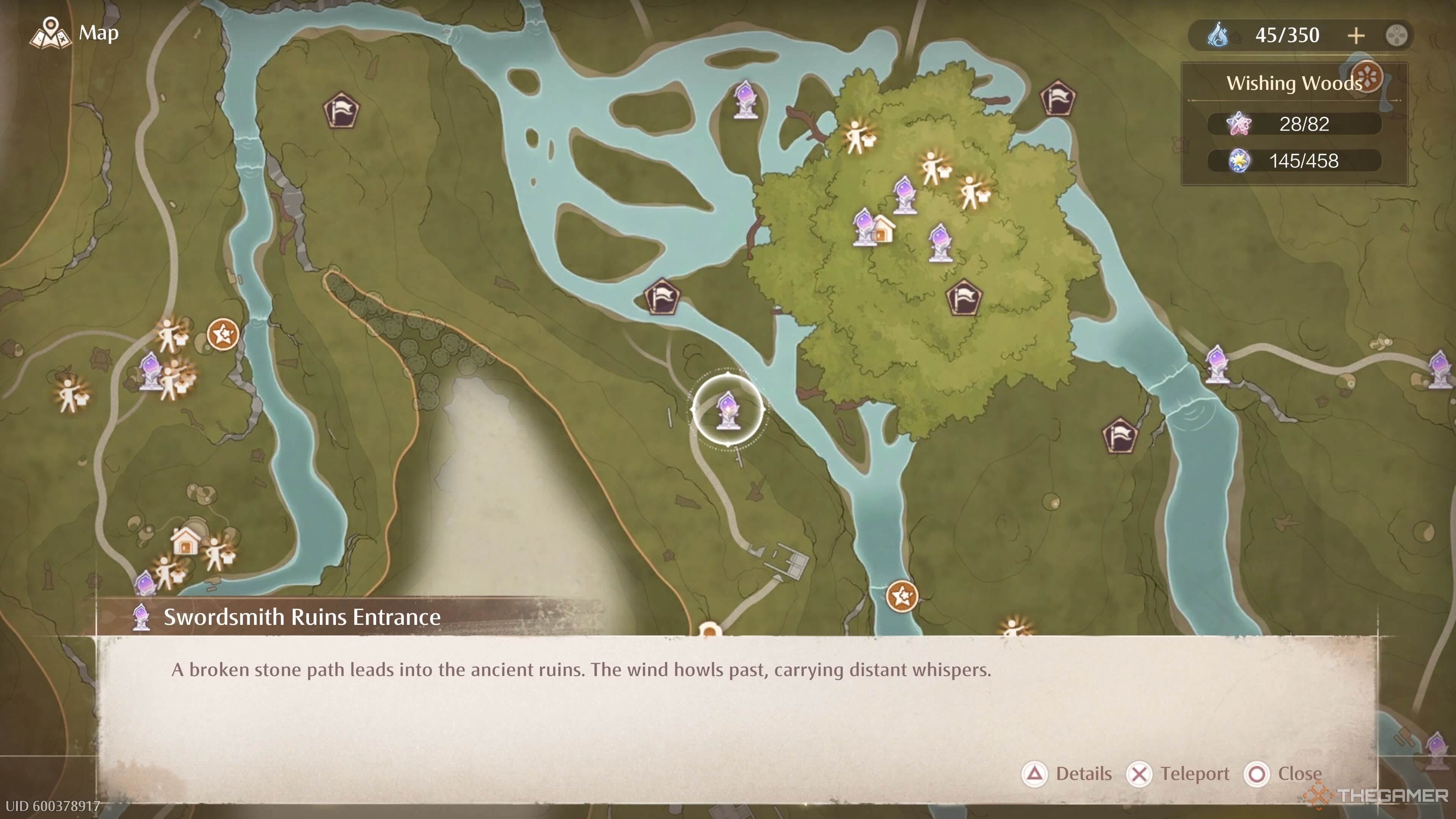 The map location of the Swordsmith Ruins Entrance Warp Spire in the Wishing Woods in Infinity Nikki.