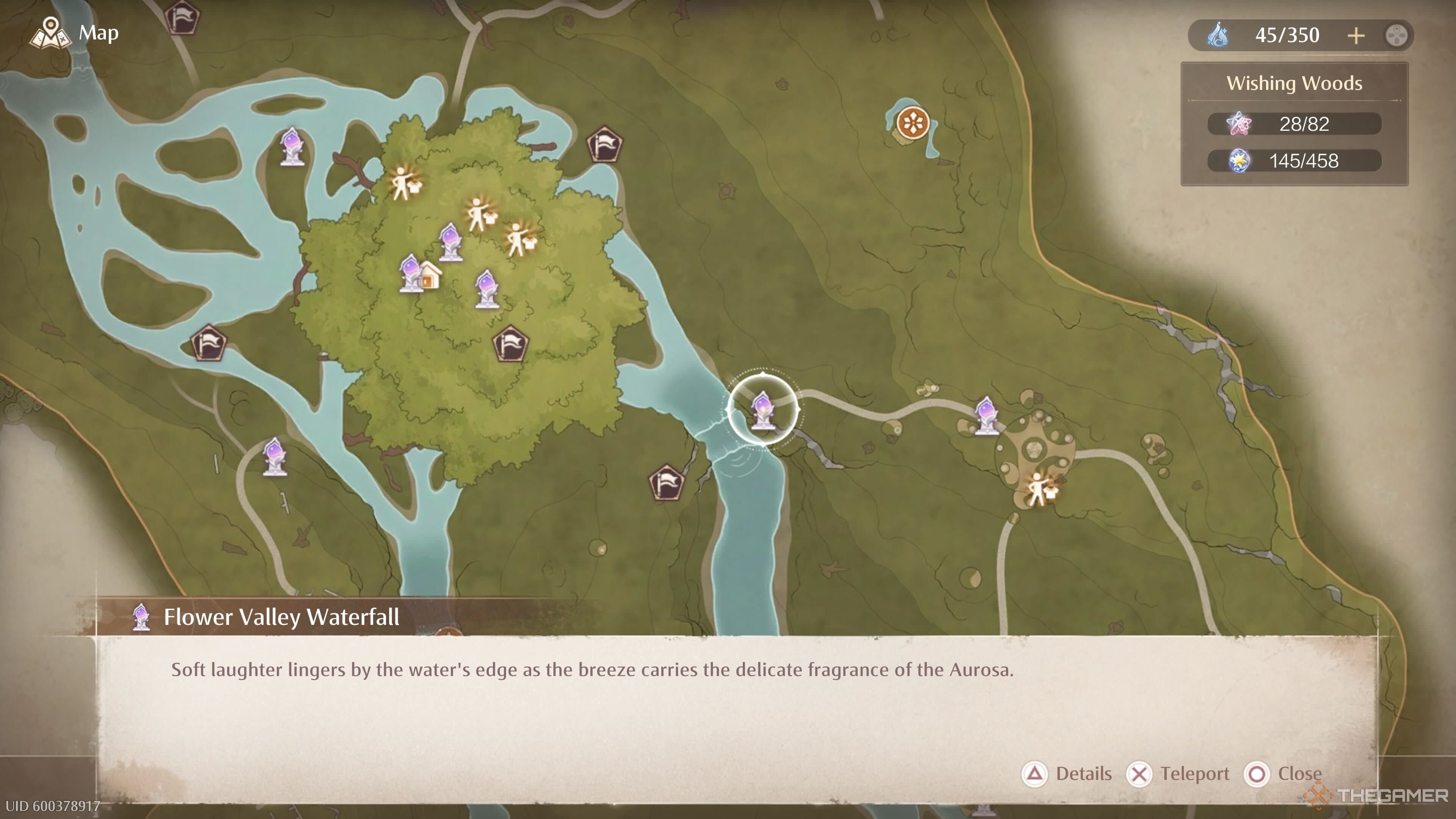 The map location of the Flower Valley Waterfall Warp Spire in Infinity Nikki.