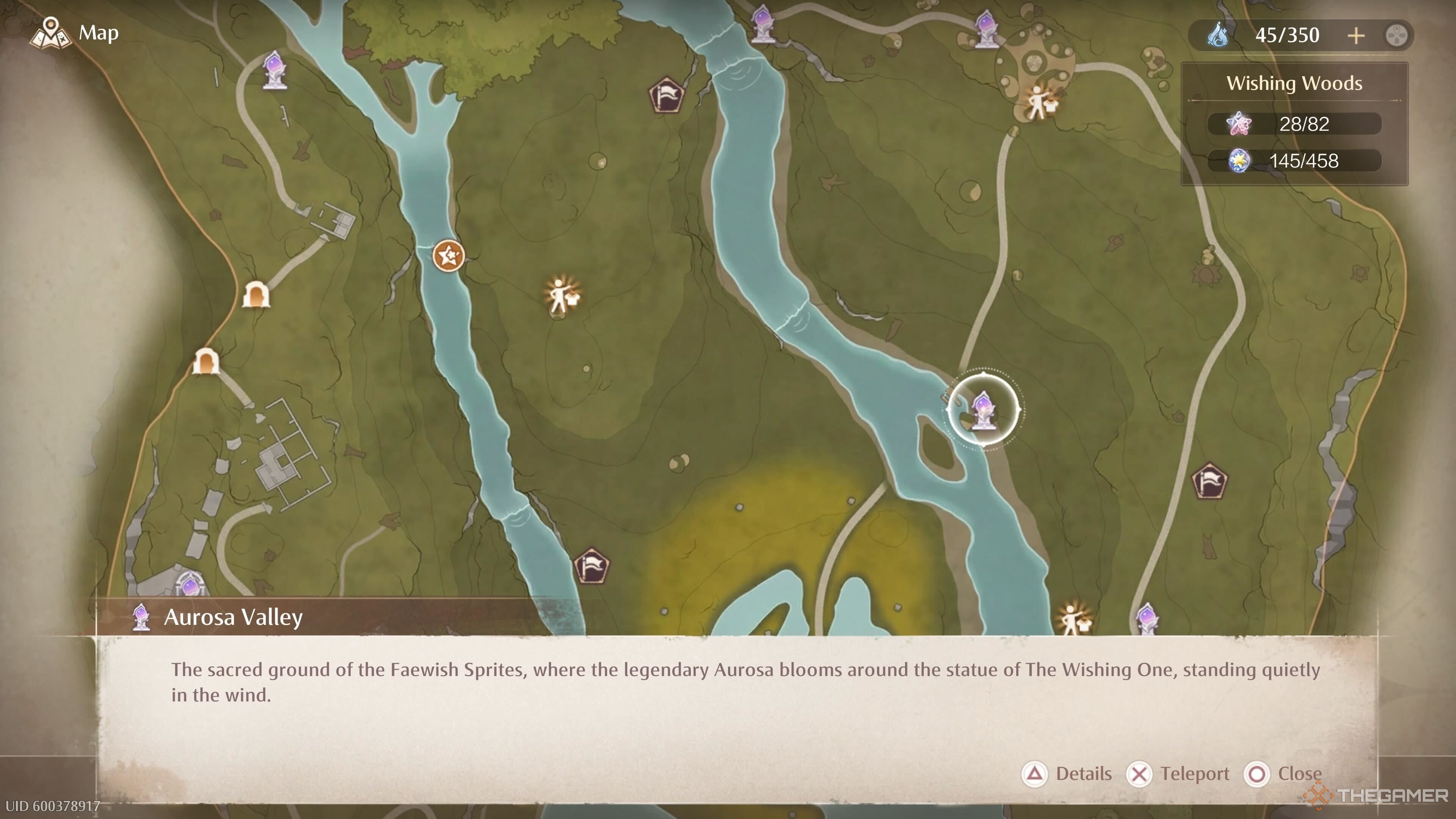 The map location of the Aurosa Valley Warp Spire in Infinity Nikki.