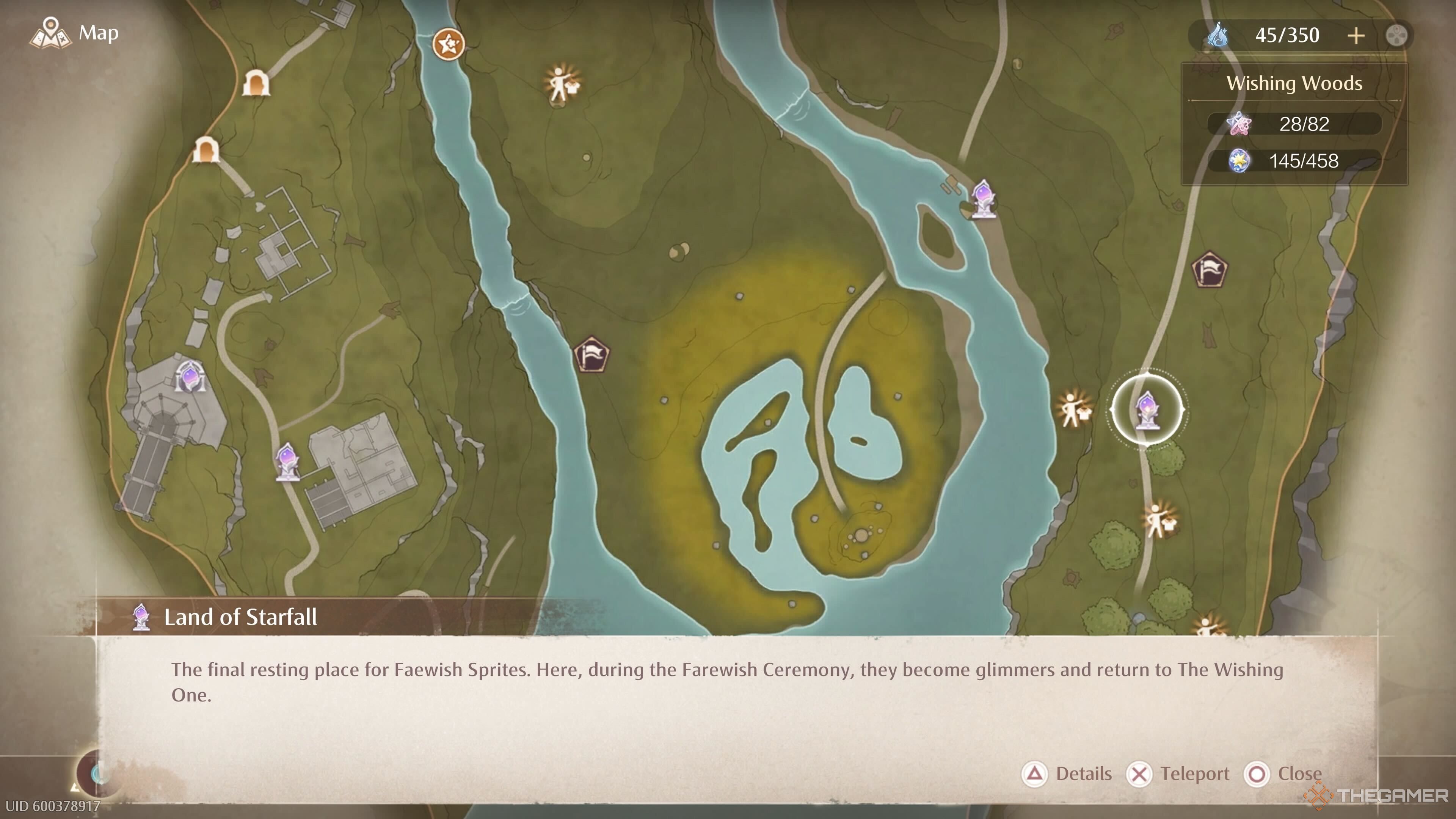 The map location of the Land of Starfall Warp Spire in Infinity Nikki.