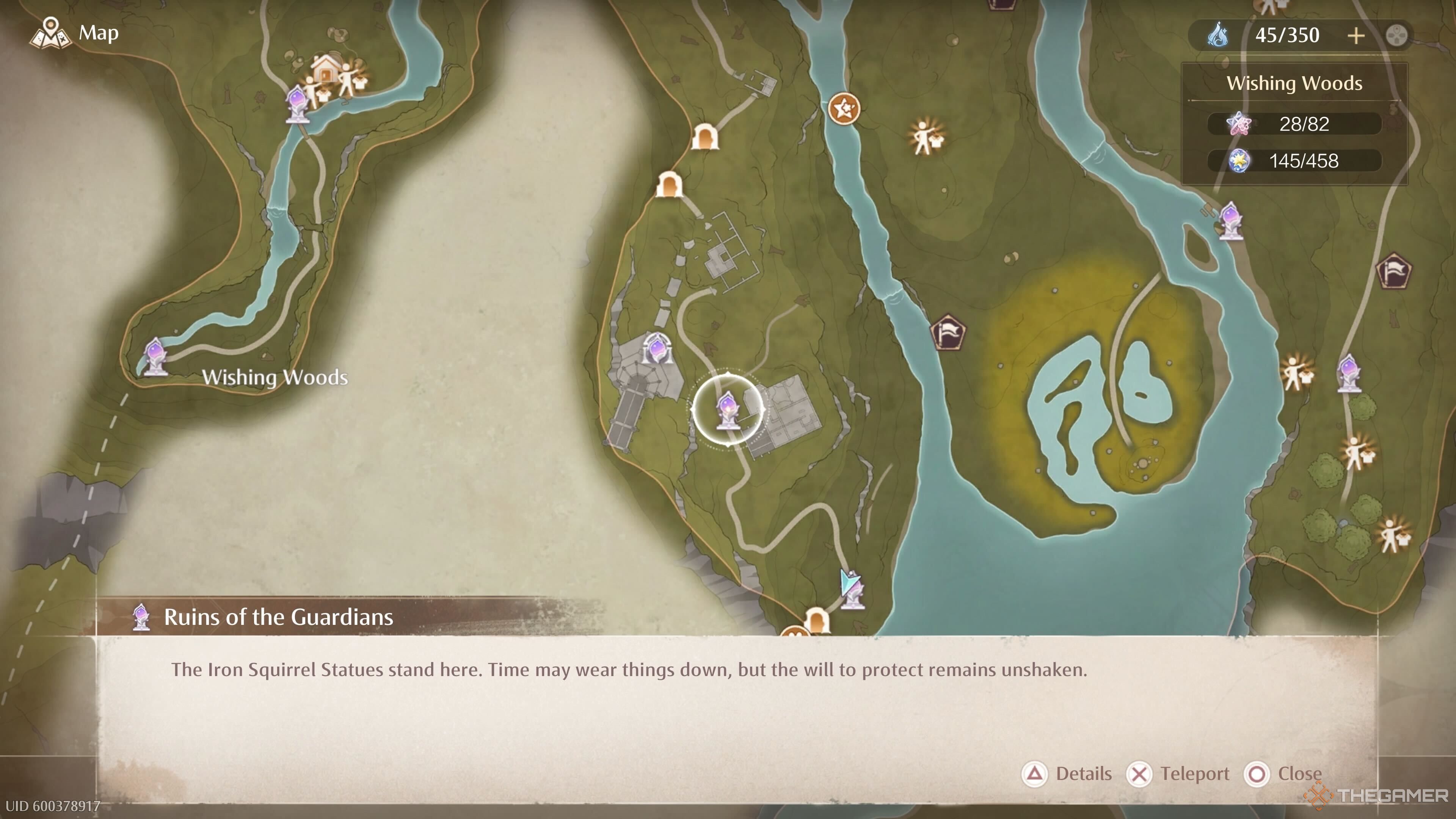 The map location of the Ruins of the Guardians Warp Spire in the Wishing Woods in Infinity Nikki.