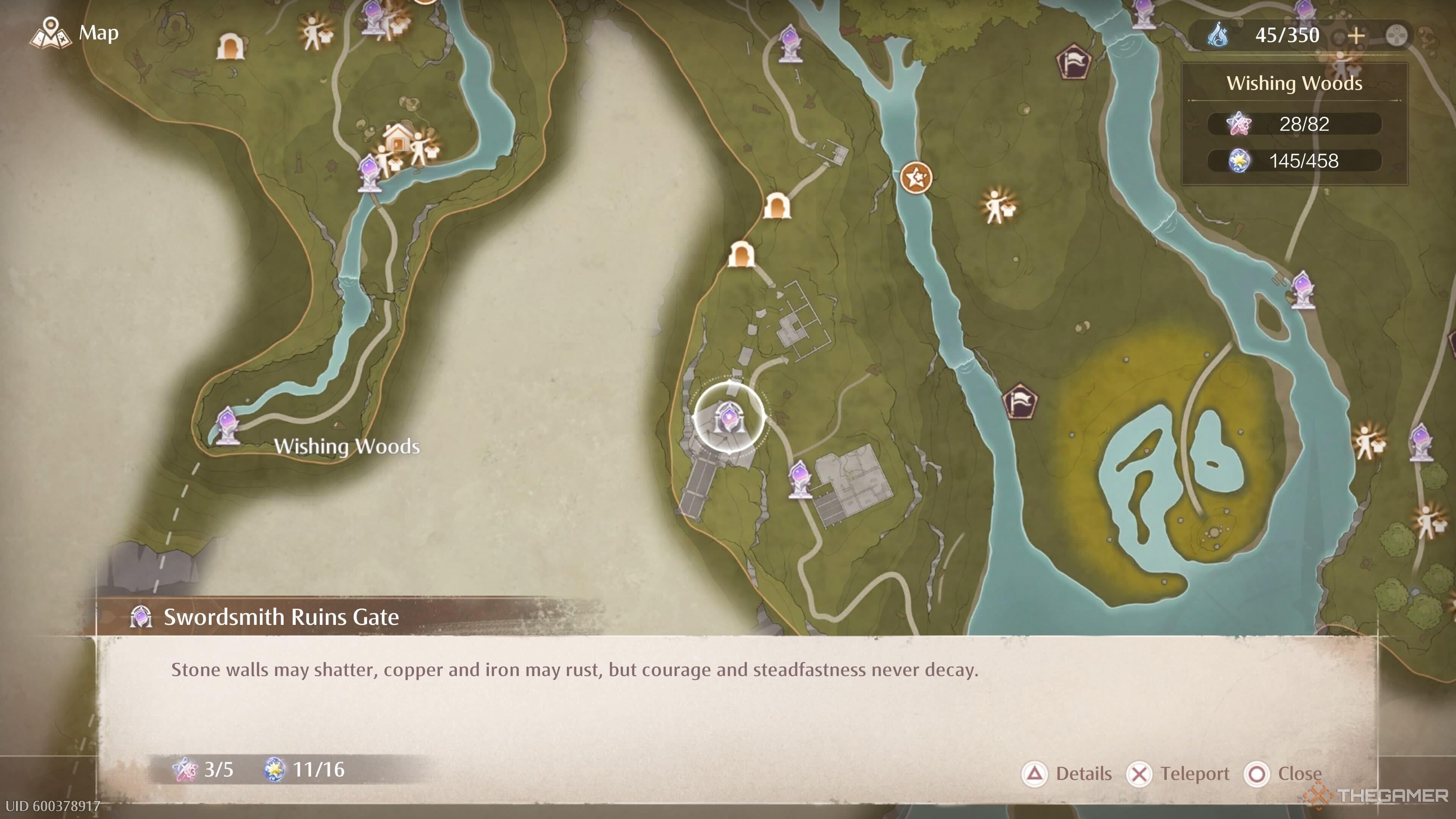 The map location of the Swordsmith Ruins Gate Warp Spire in the Wishing Woods in Infinity Nikki.