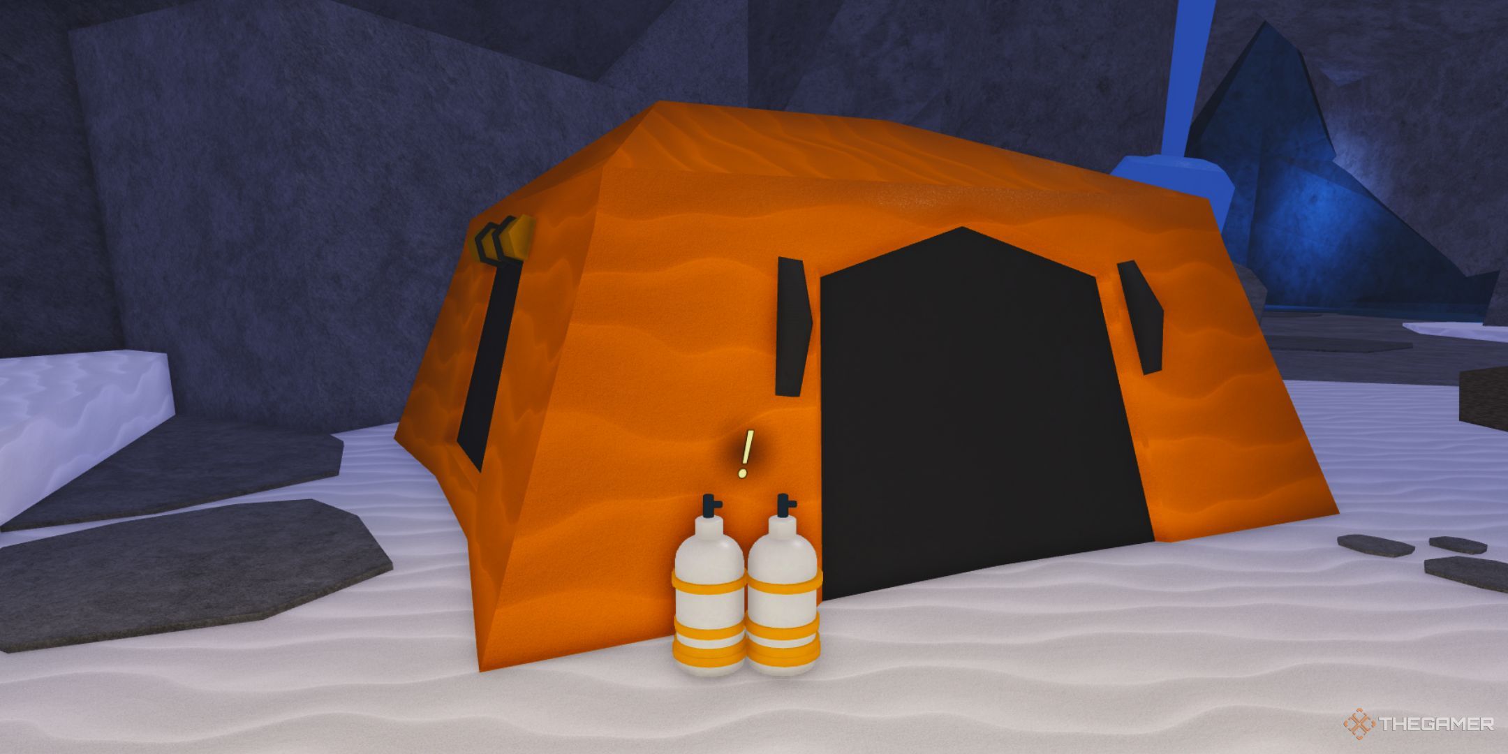 The Beginner Oxygen Tank lies next to the orange tent in the Frigid Cavern in Fisch.