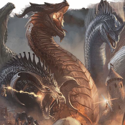 A three-headed dragon destroying a town in Dungeons & Dragons.