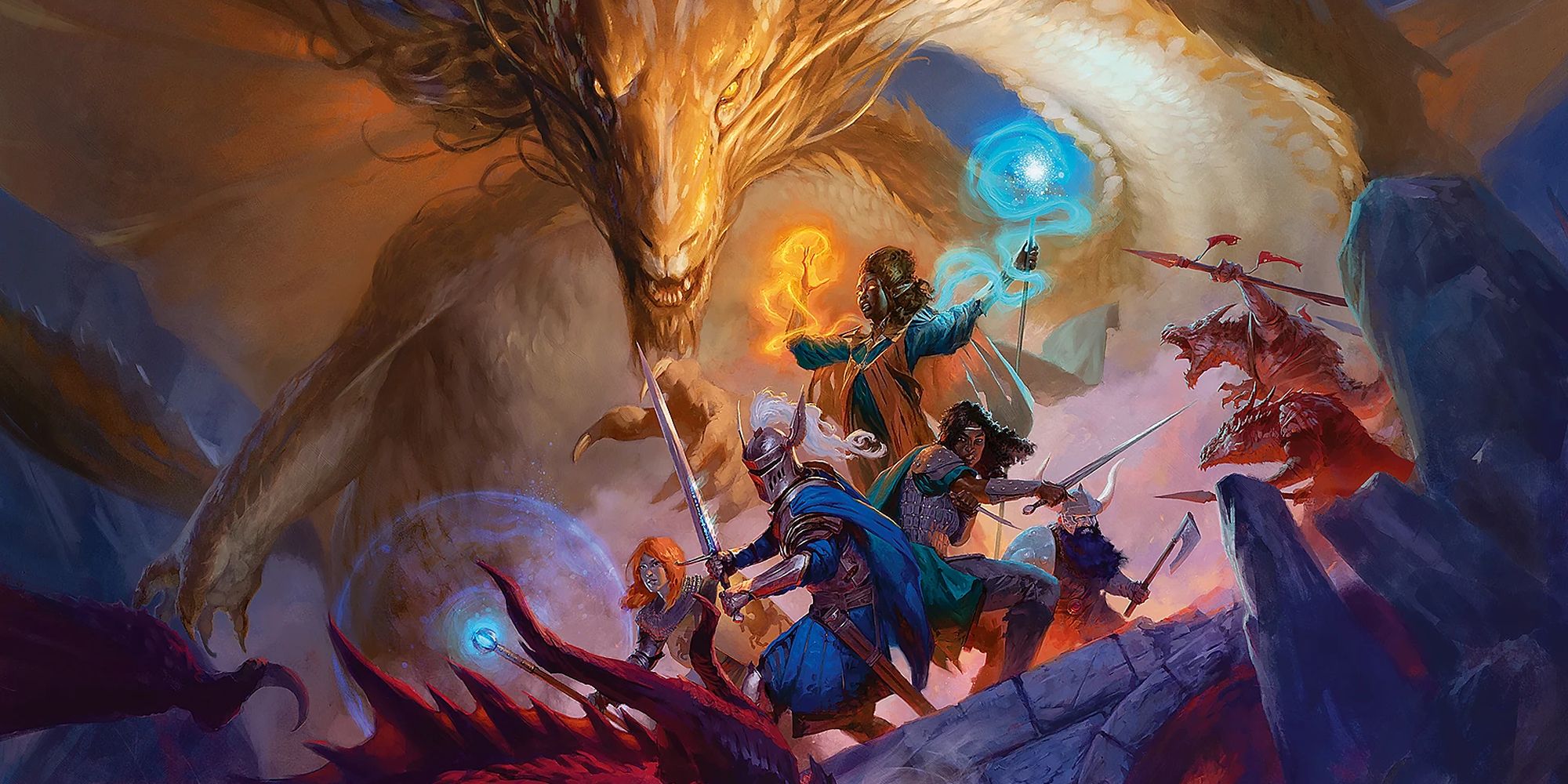 Dungeons & Dragons art of the adventurers encountering a dragon.