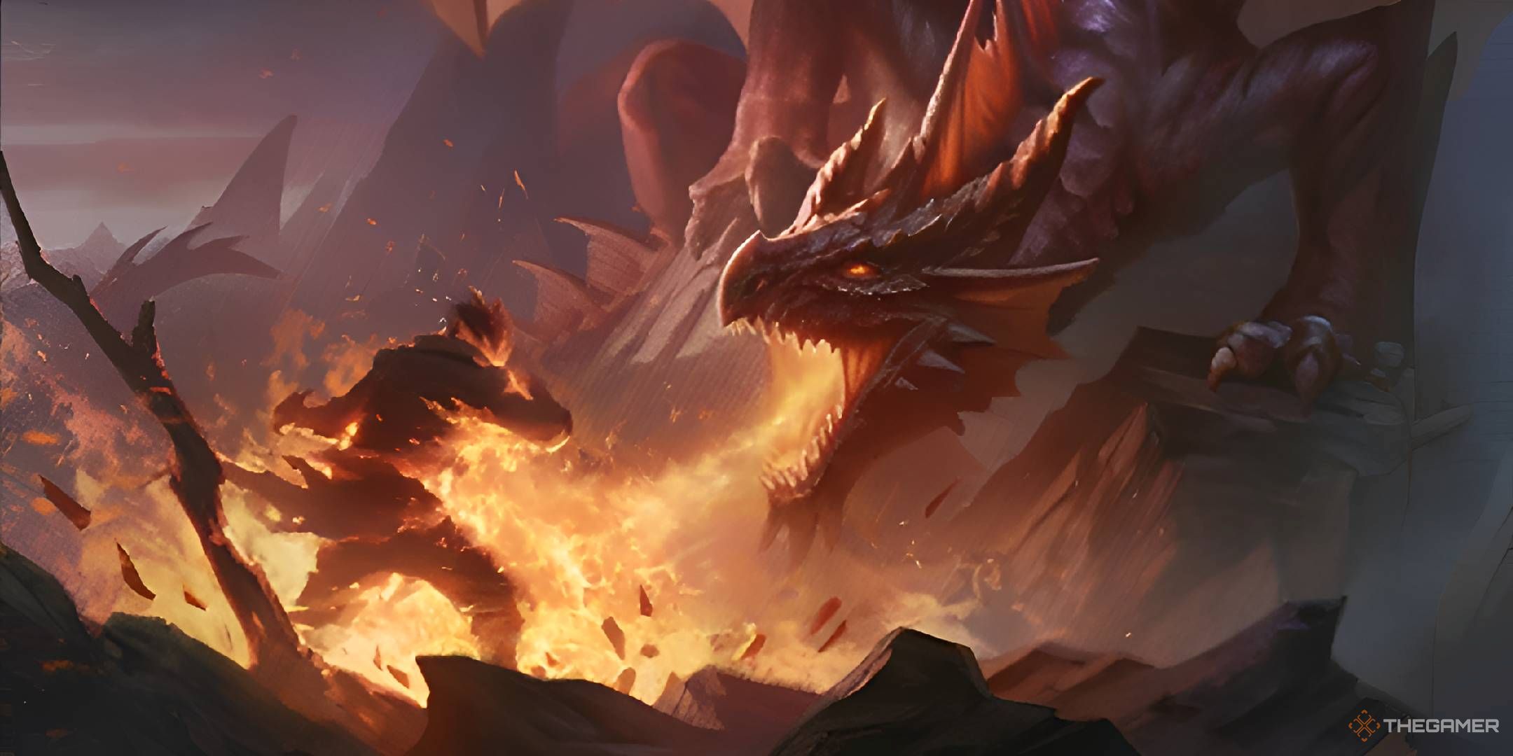 A Red Dragon bathes an adventurer in its fire breath.