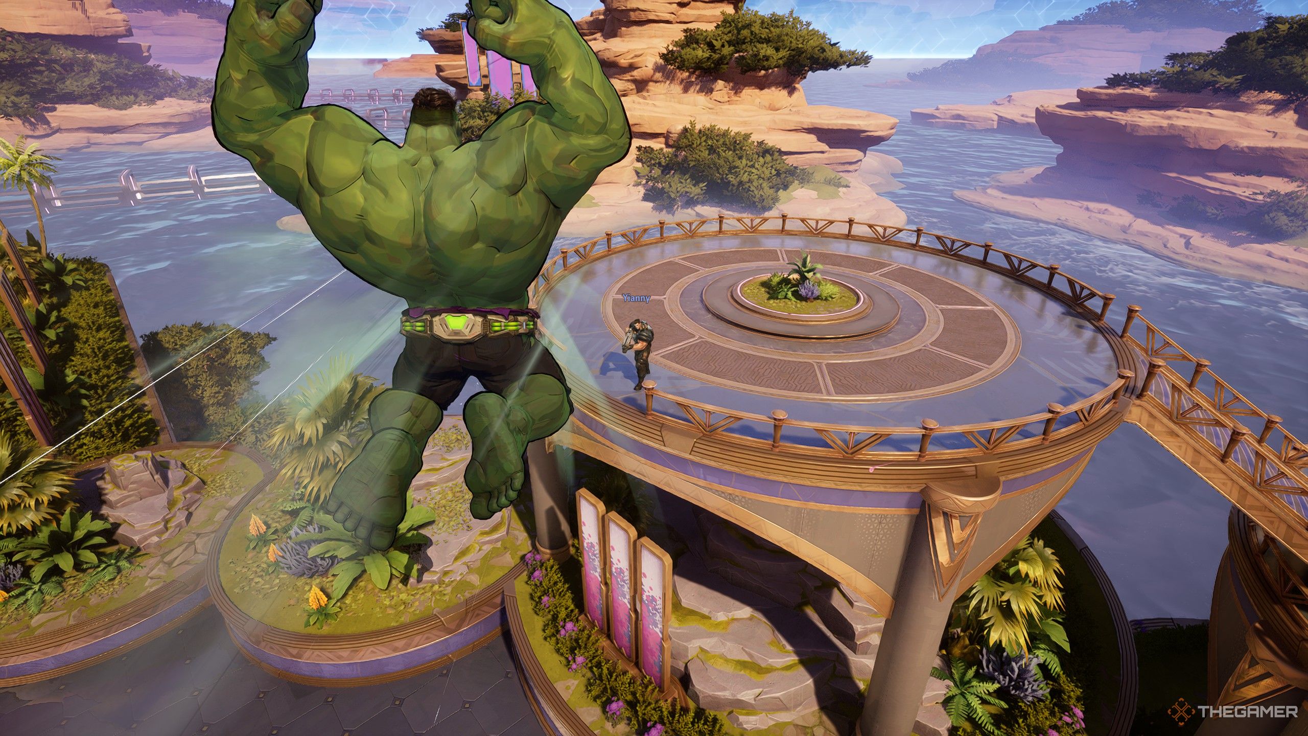 Hulk leaping into the air towards the Punisher on high ground in Marvel Rivals.