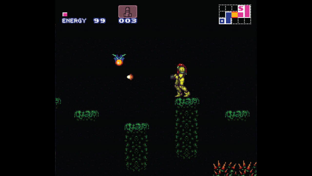 A firefly lights a dark room in Super Metroid