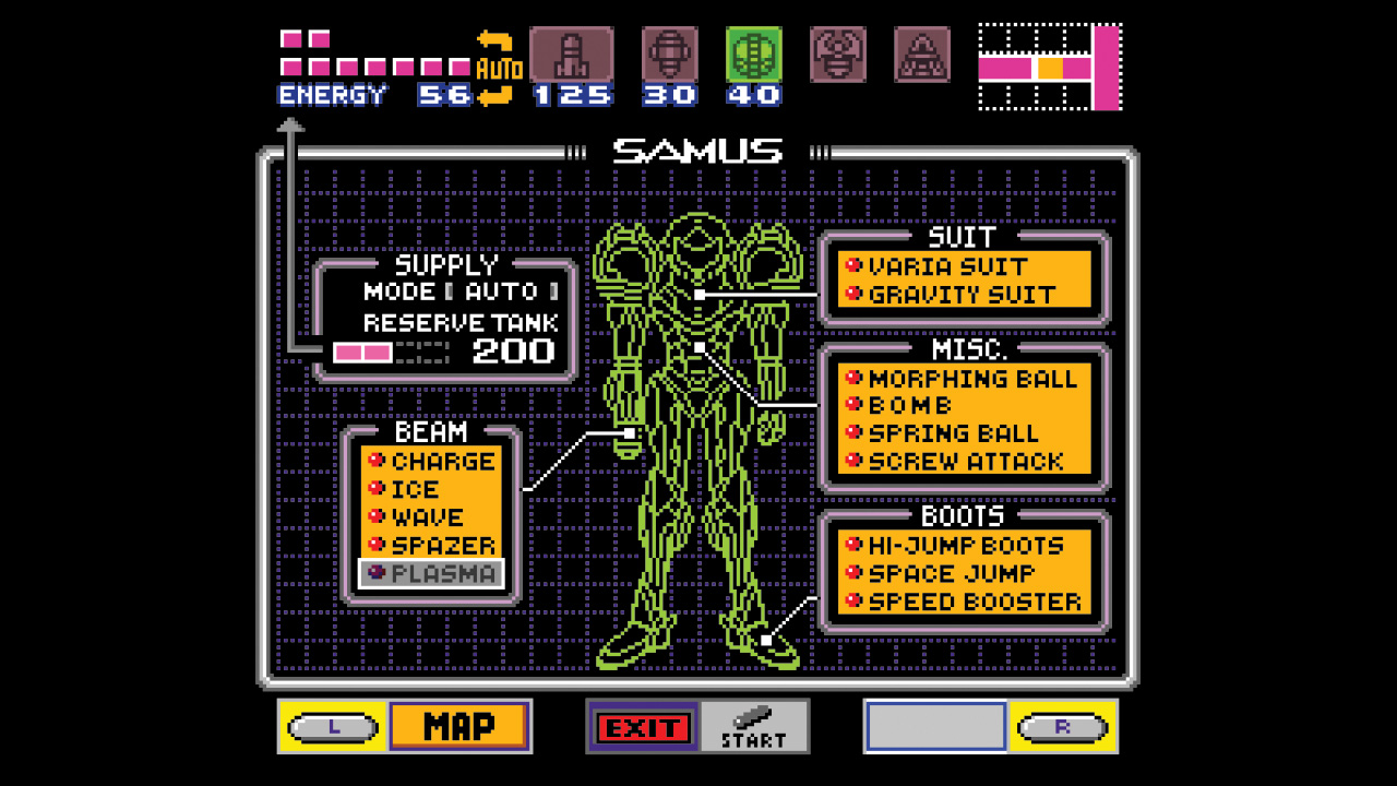 Samus' equipment menu in Super Metroid, showing an outline of her body armor and information about collected upgrades