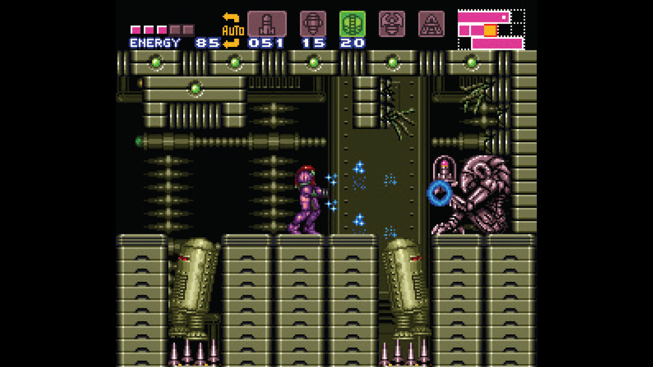 Samus approaches a Chozo Statue in Super Metroid which is holding a missile upgrade