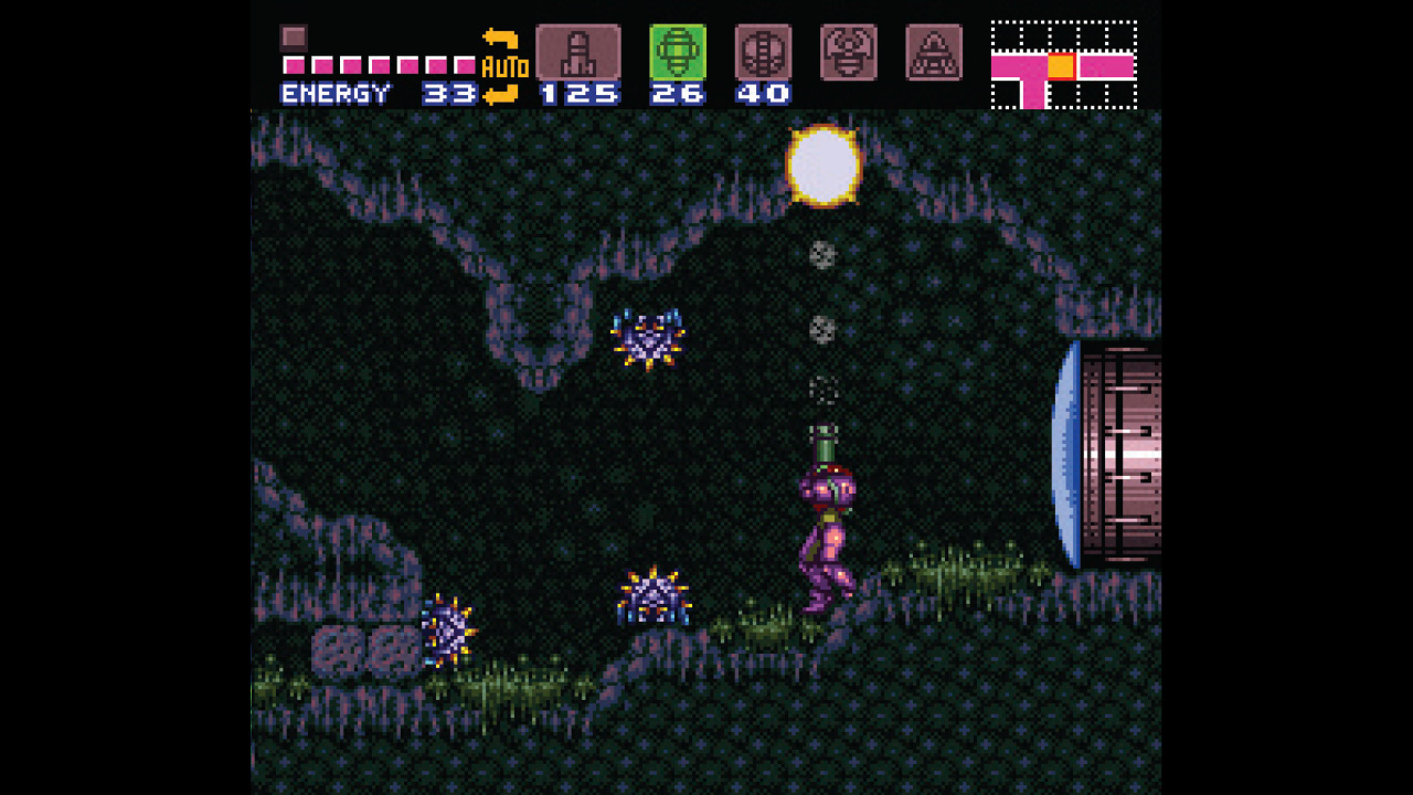 Samus fires a super missile at the ceiling in Super Metroid, causing enemies to topple from it onto the floor