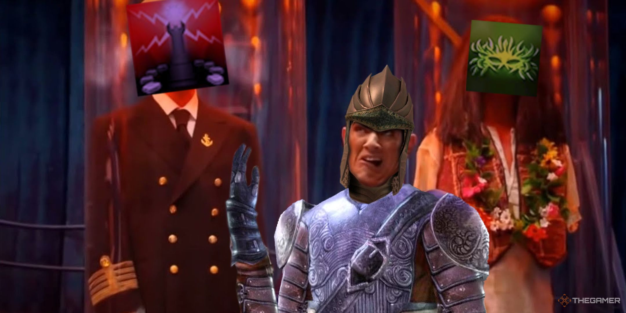 A frame from the show Lazy Town, editing to show someone deciding which Dragon Age: Origins background to play as 