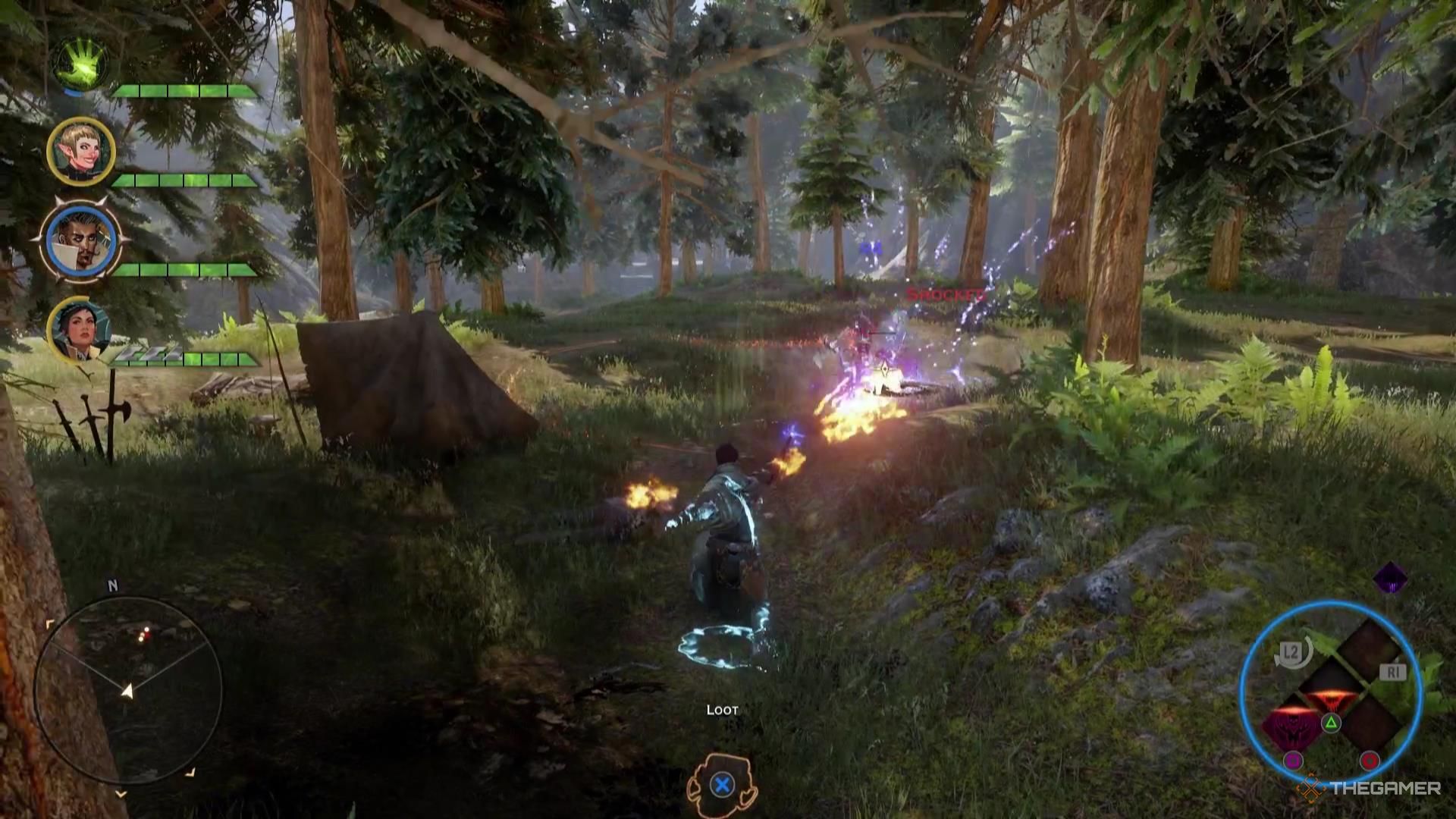 Dorian launches a fireball at an enemy in Dragon Age: Inquisition.