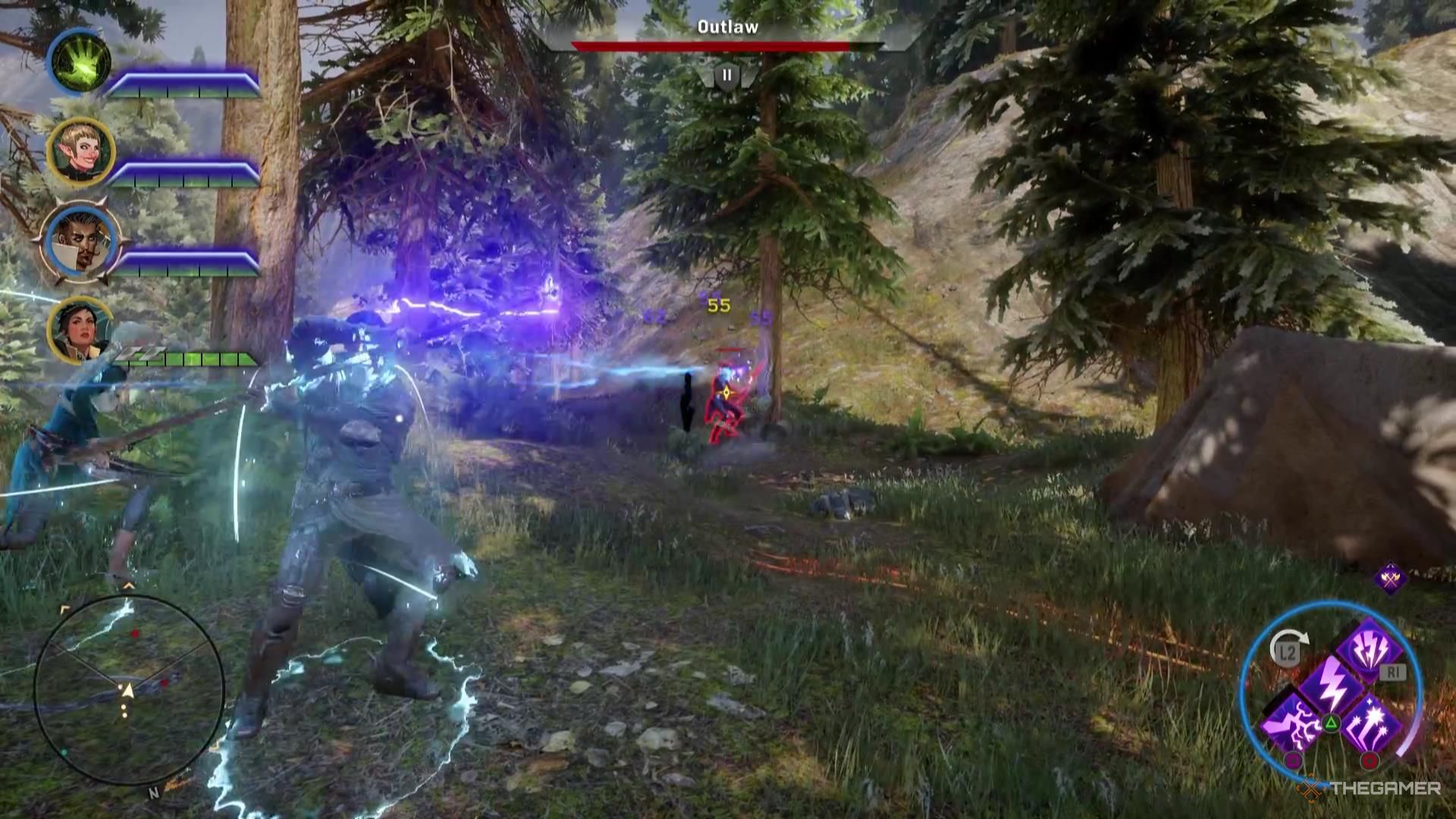 Dorian attacks an enemy with his party in Dragon Age: Inquisition.