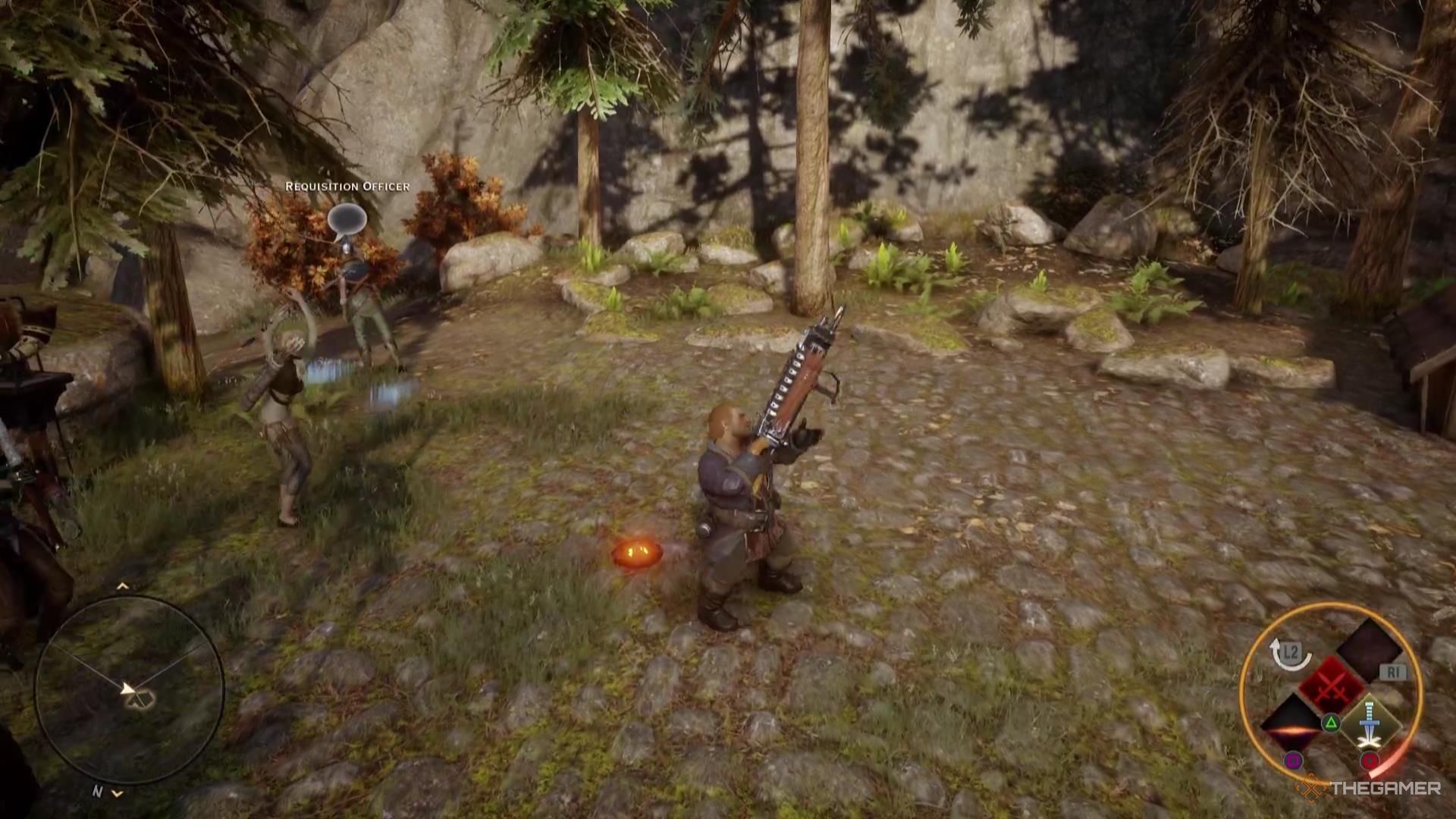 Varric lays a trap in Dragon Age: Inquisition.