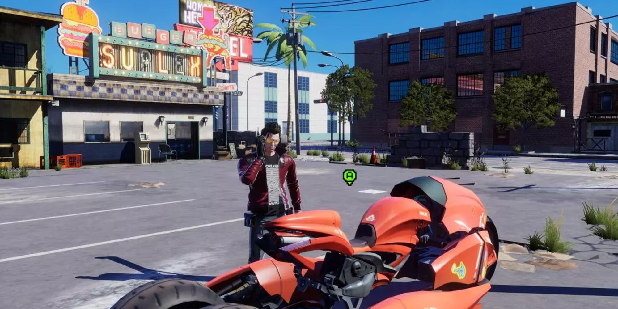 No More Heroes 3 - Travis Touchdown Talking On His Cell Before Hopping On His Motorcycle.