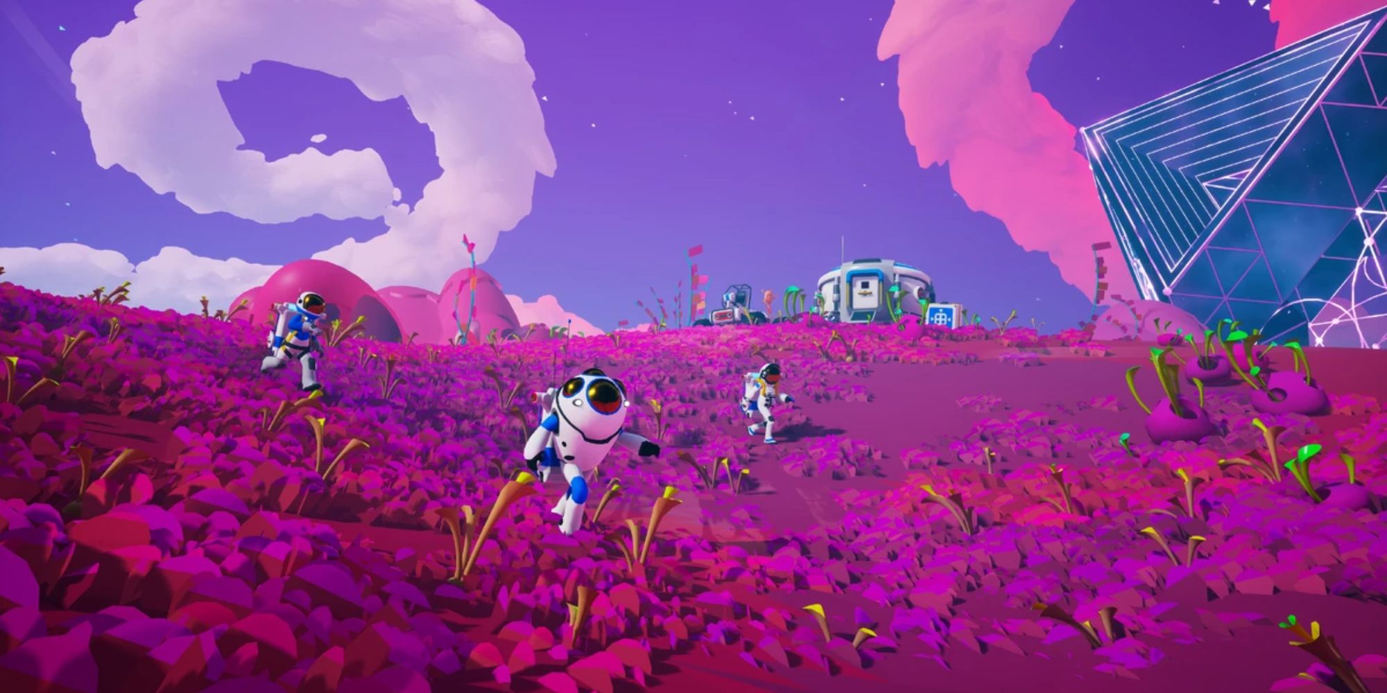 Astroneer In-game Screenshot of three spacemen, running across purple land.